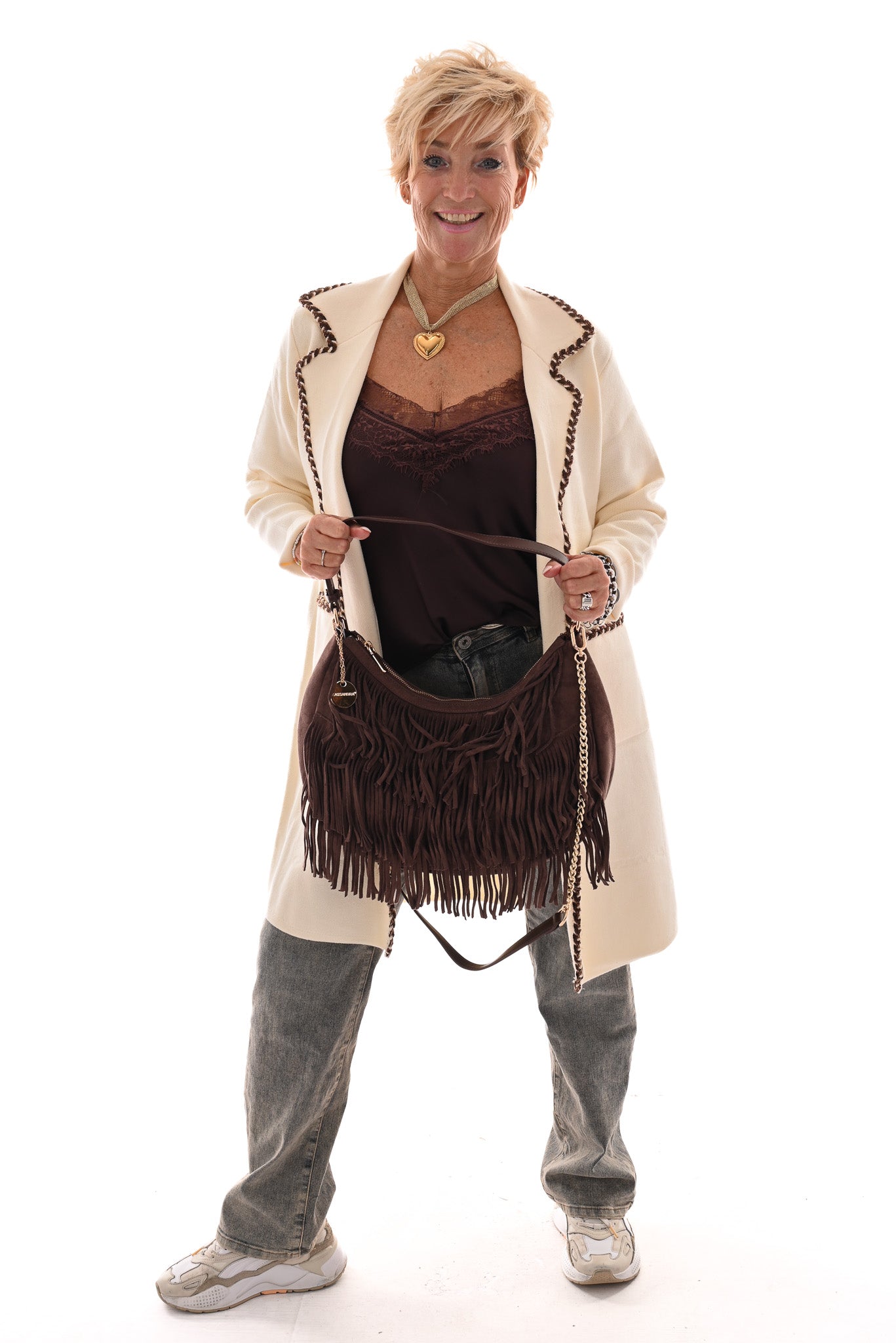 Half lang vest met kraag rand detail creme