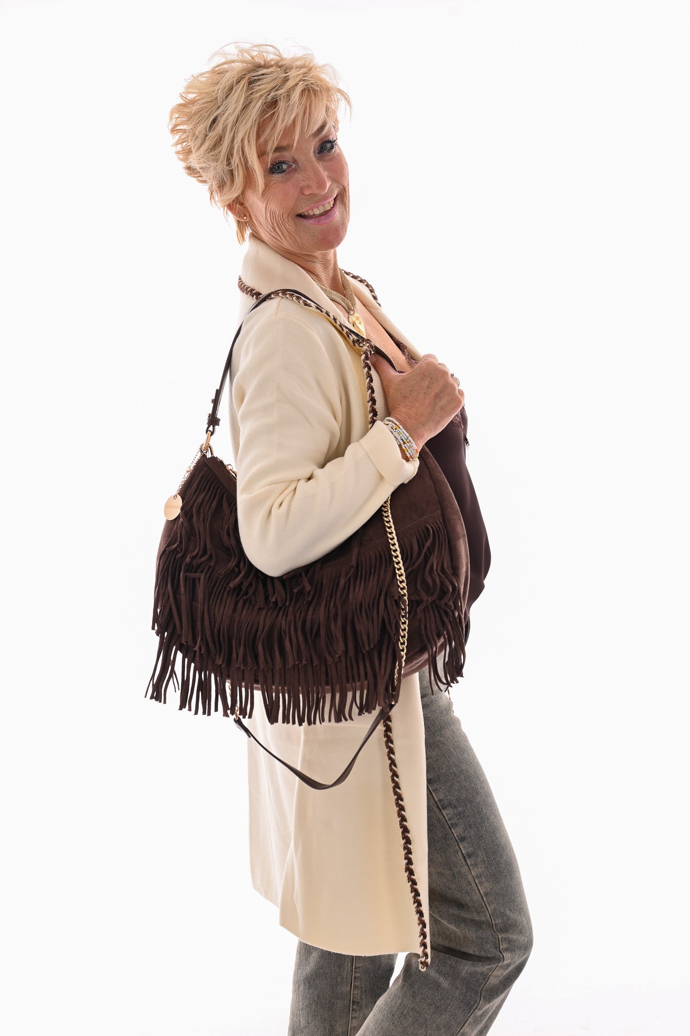 Half lang vest met kraag rand detail creme