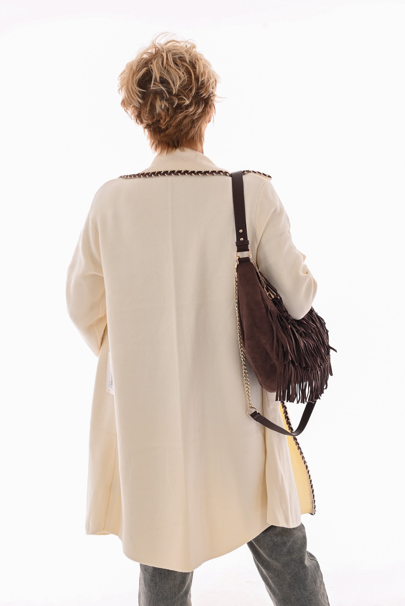 Half lang vest met kraag rand detail creme