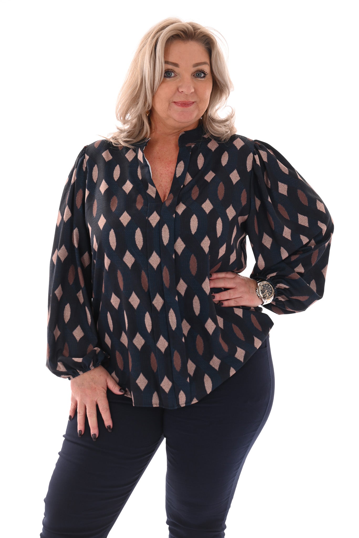 Top lange mouwen v-hals vlechtpatroon marineblauw