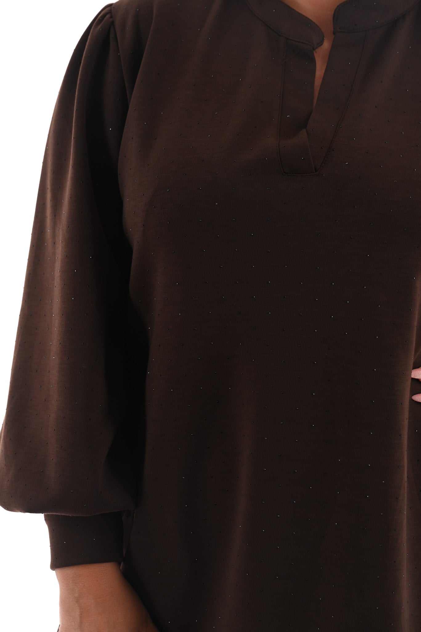Jurk deluxe v-hals pofmouwen met strass bruin