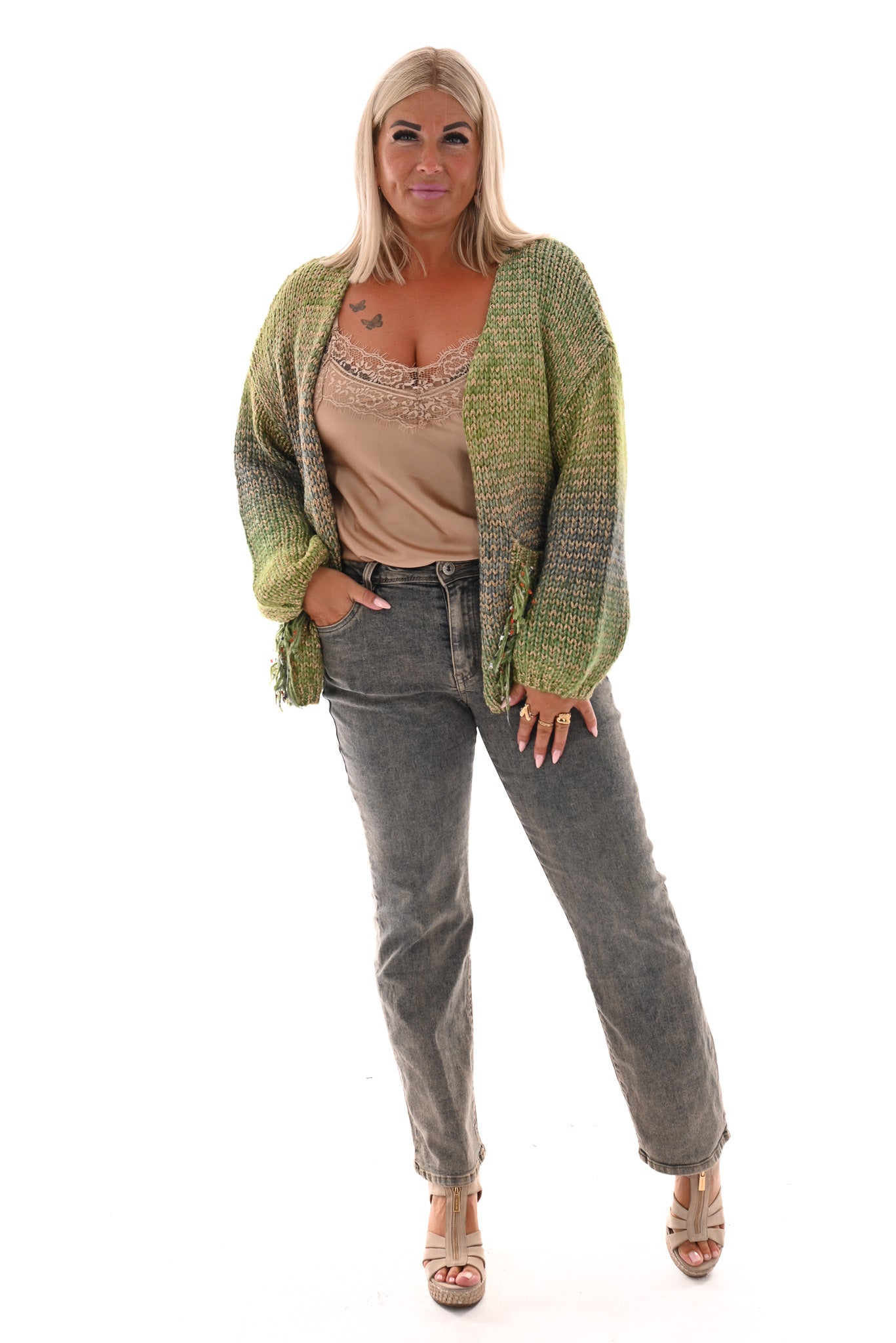 Gebreid vest gekleurd met franjes groen