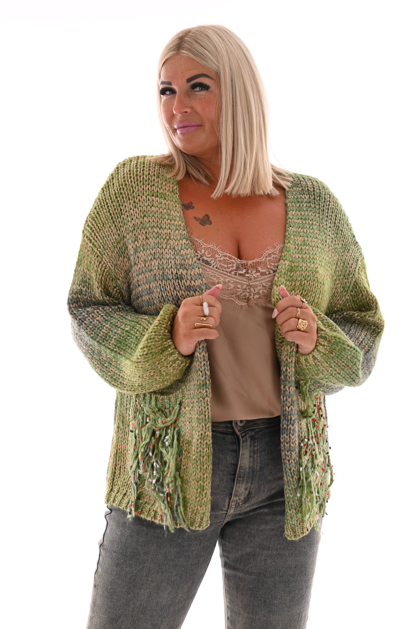 Gebreid vest gekleurd met franjes groen
