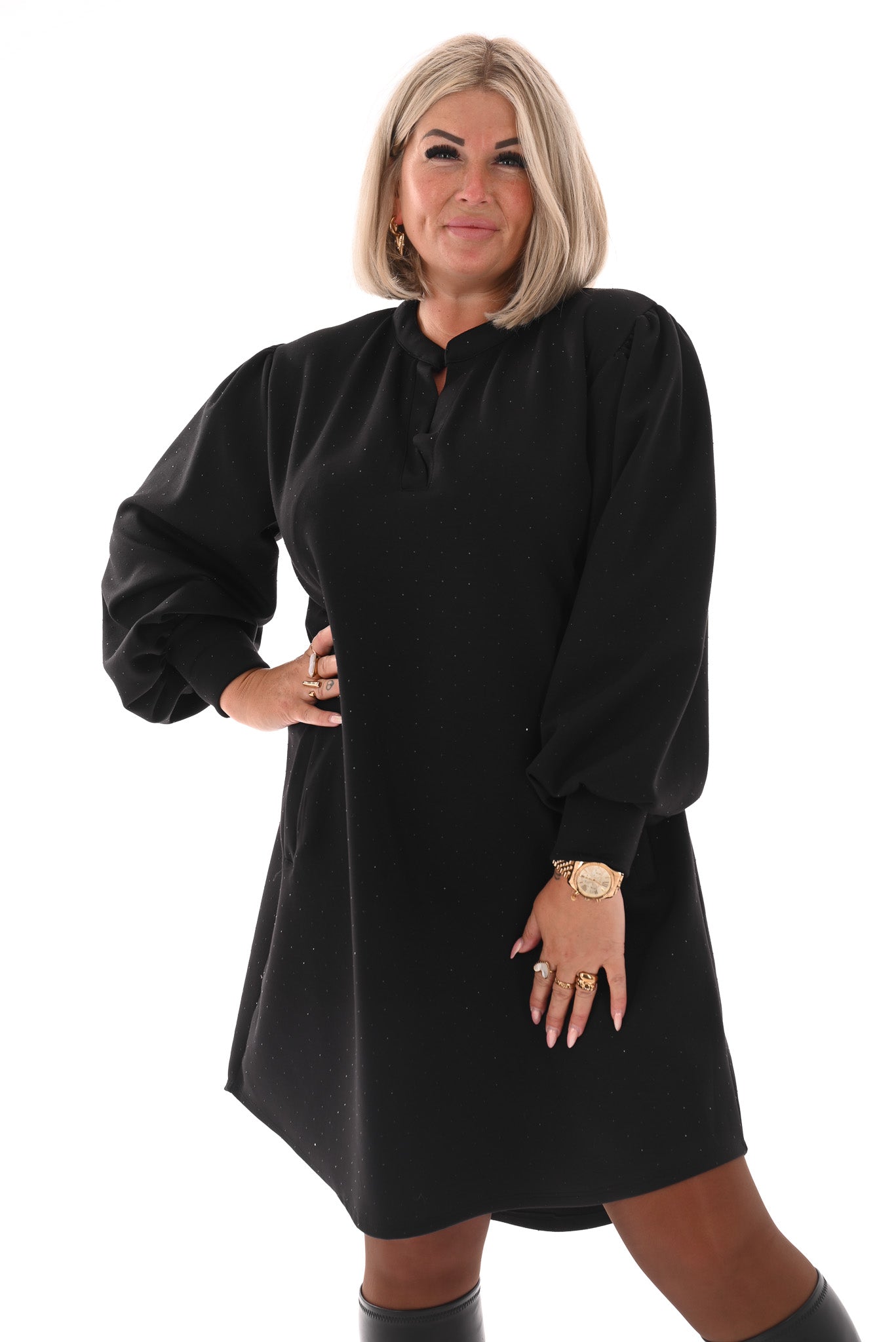 Jurk deluxe v-hals pofmouwen met strass zwart