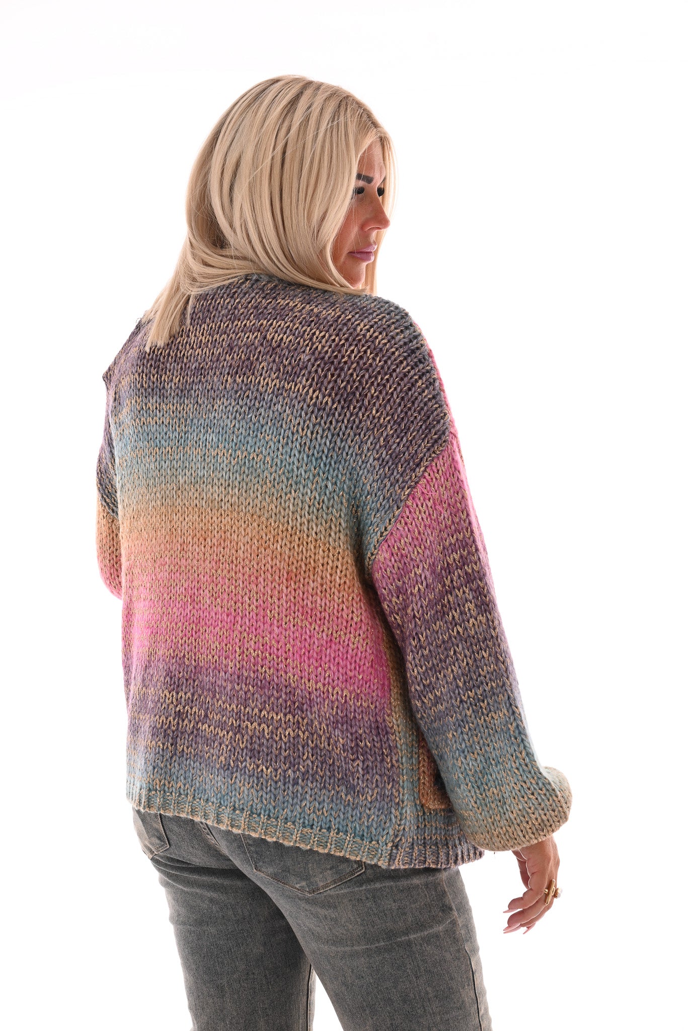 Gebreid vest gekleurd met franjes paars/roze