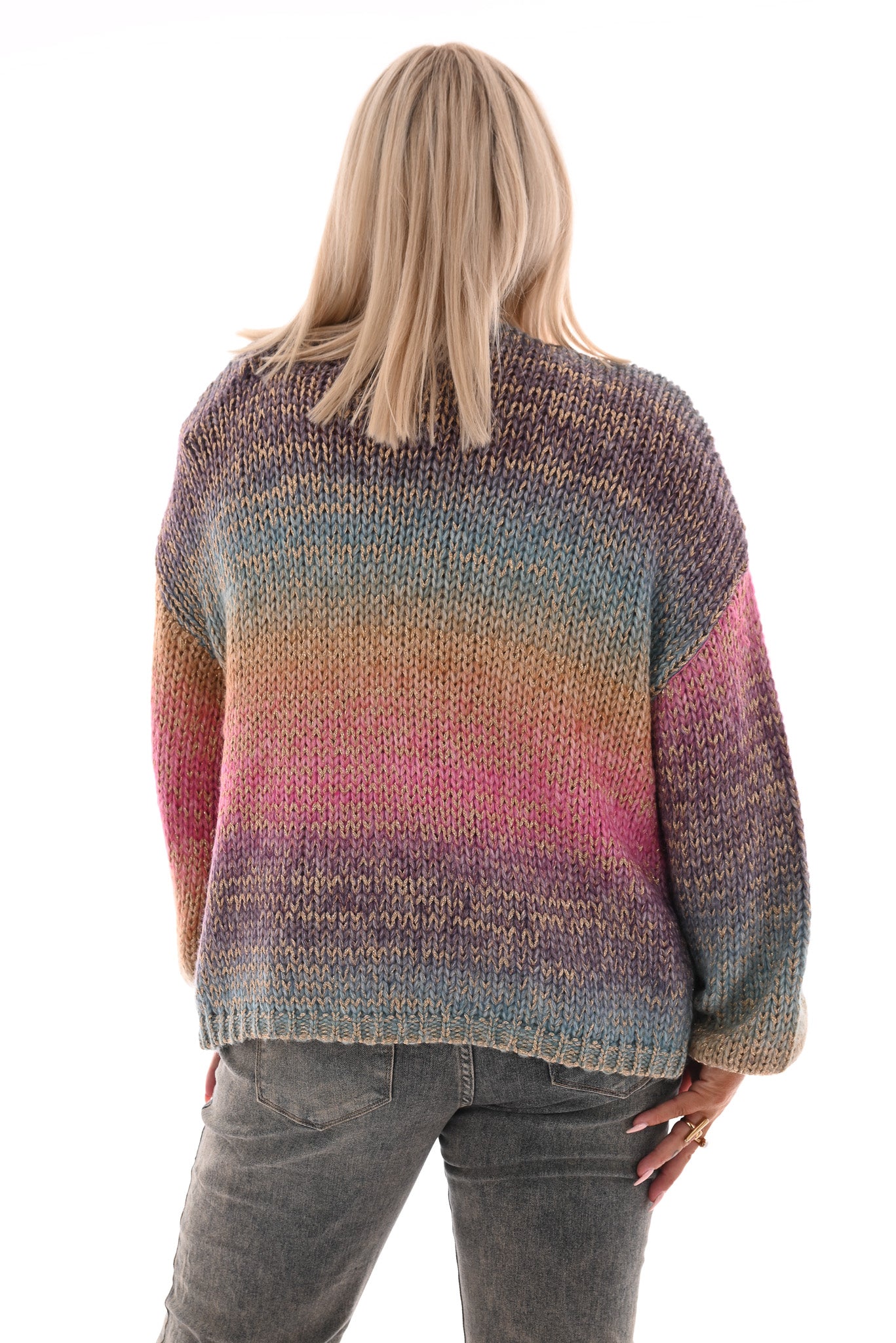 Gebreid vest gekleurd met franjes paars/roze