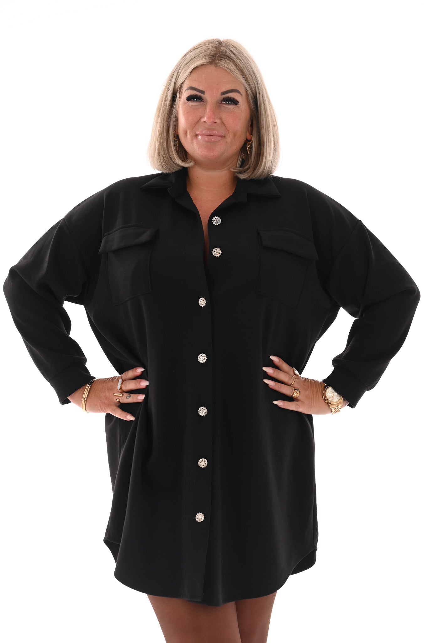 Half lange doorknoop blouse uni zwart