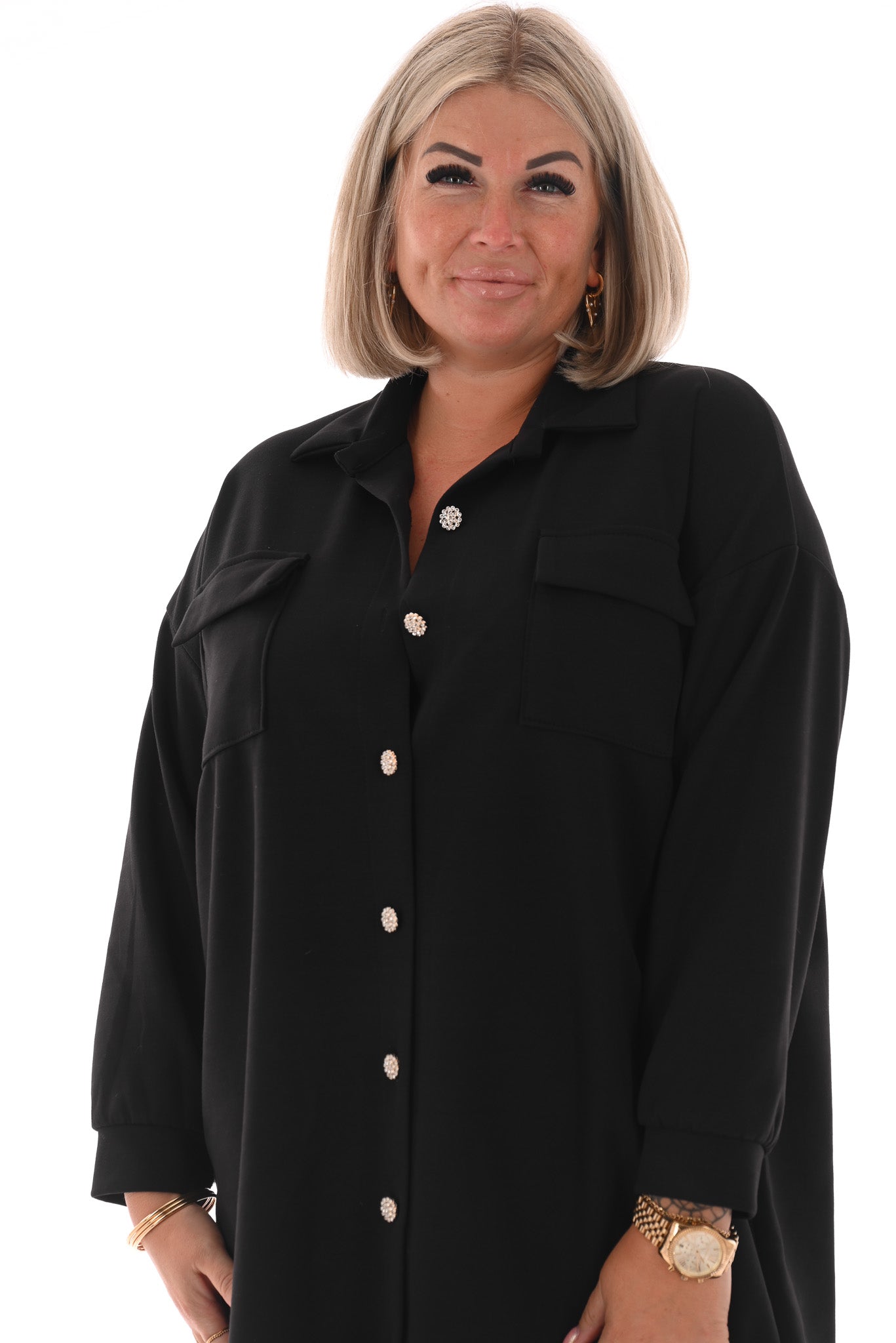 Half lange doorknoop blouse uni zwart