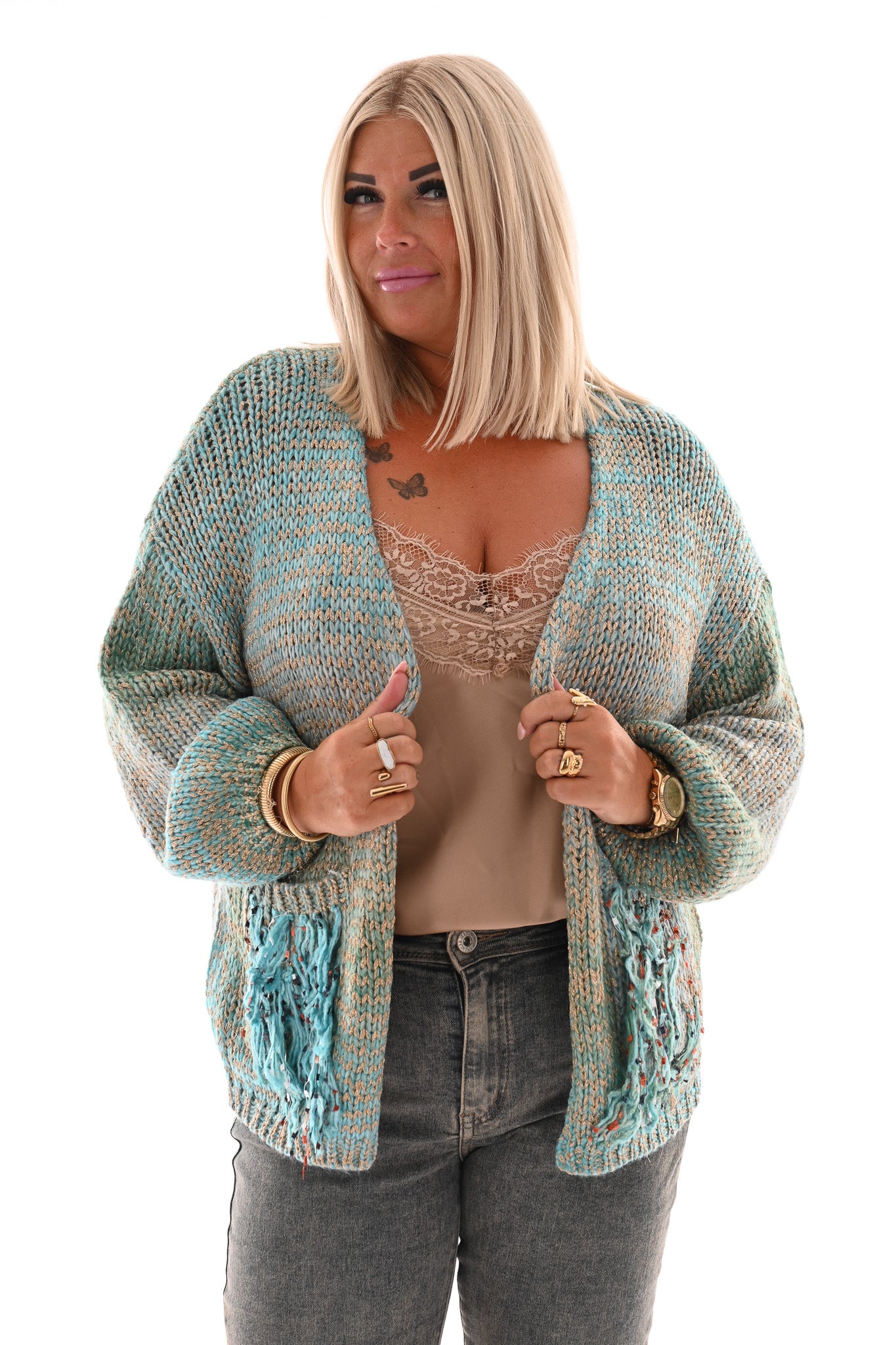 Gebreid vest gekleurd met franjes blauw