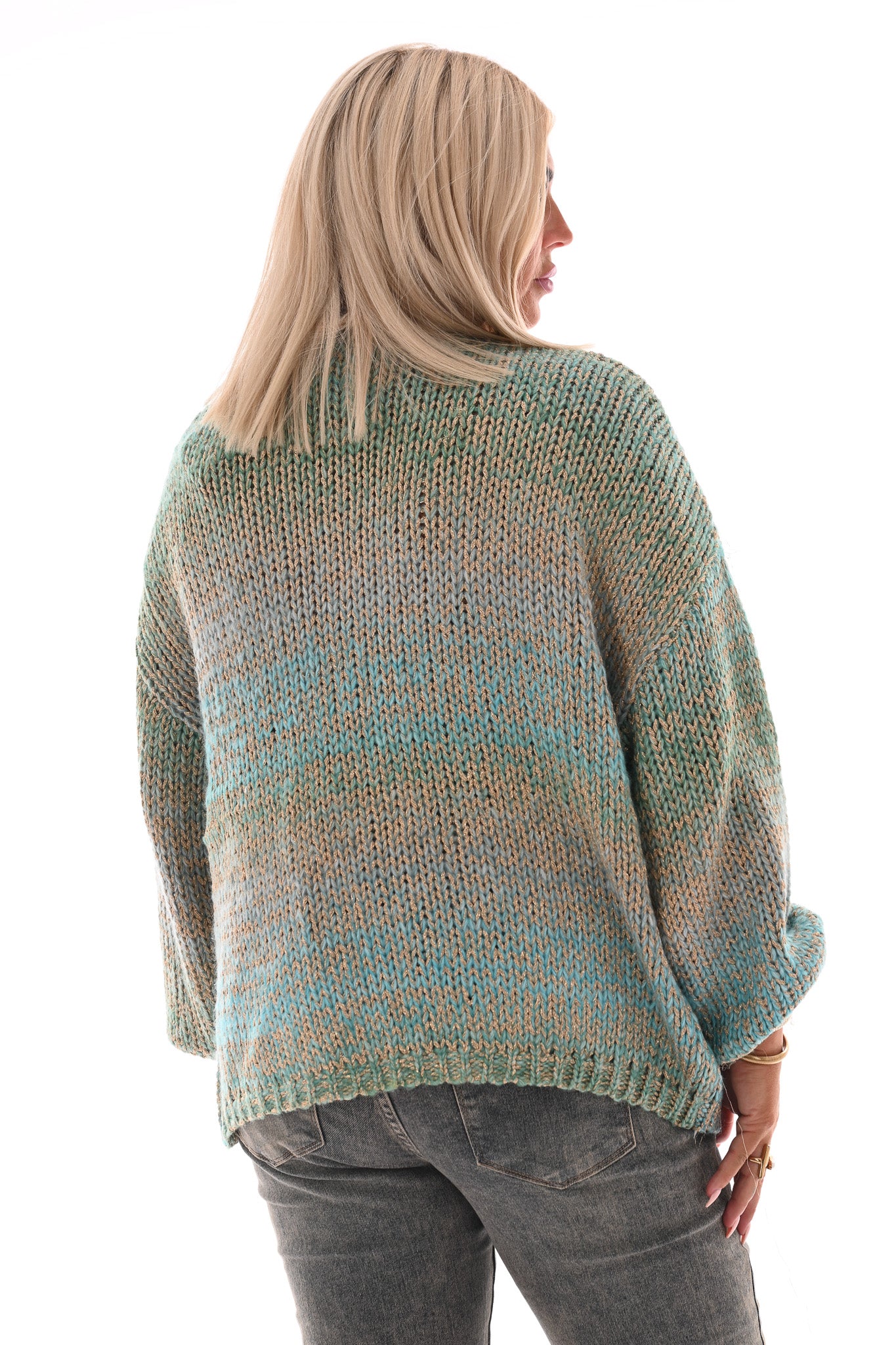 Gebreid vest gekleurd met franjes blauw