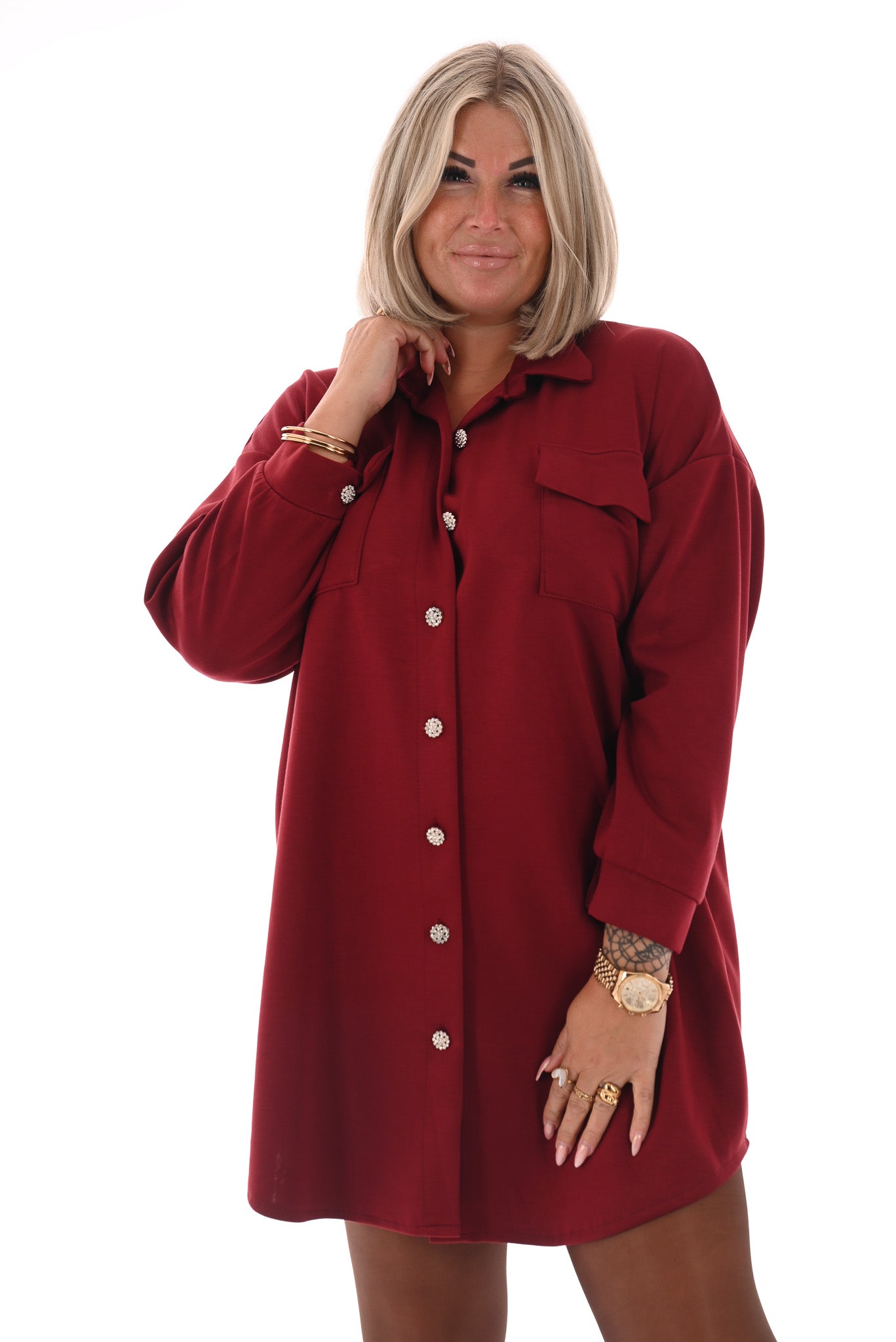 Half lange doorknoop blouse uni bordeaux