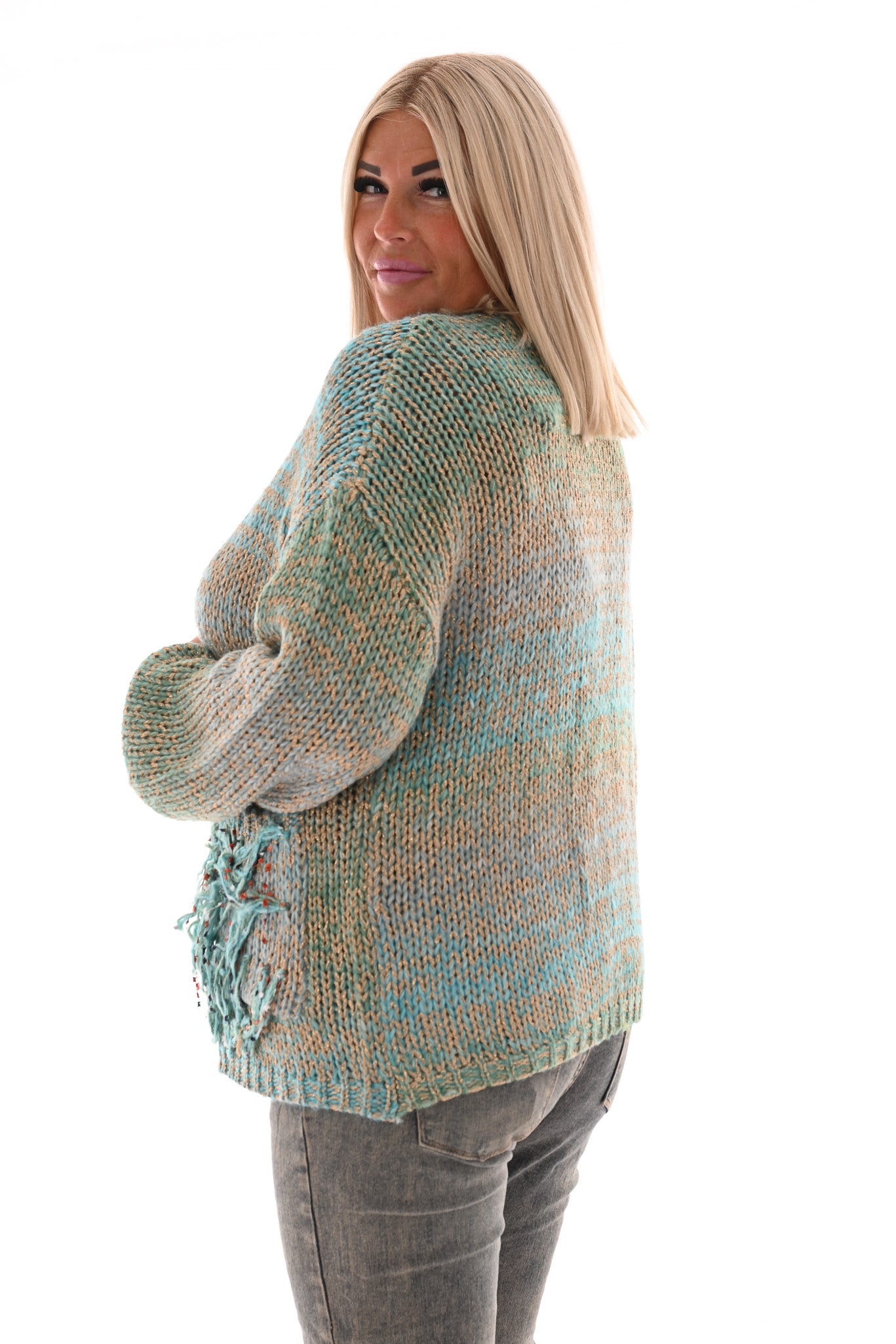 Gebreid vest gekleurd met franjes blauw