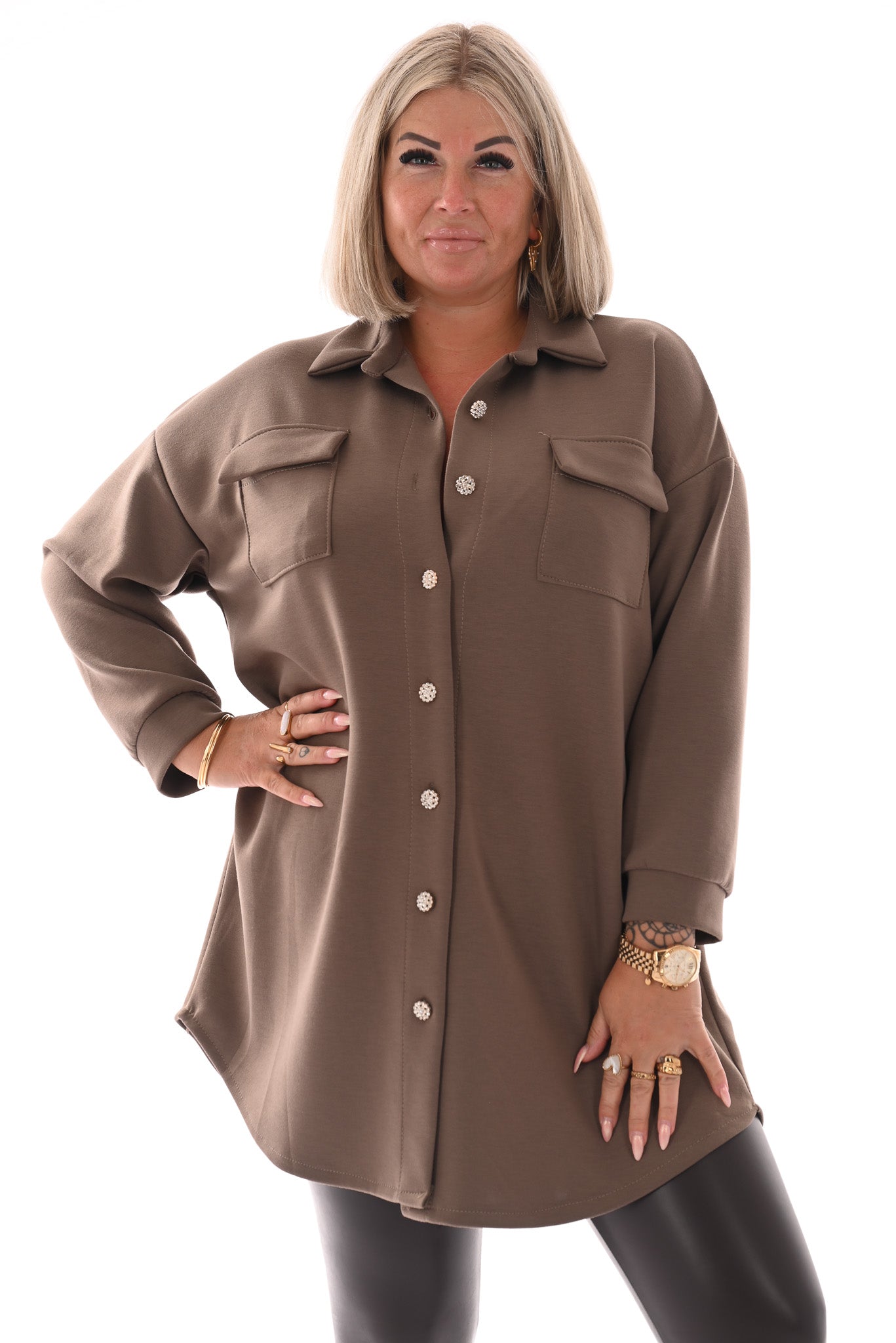 Half lange doorknoop blouse uni taupe