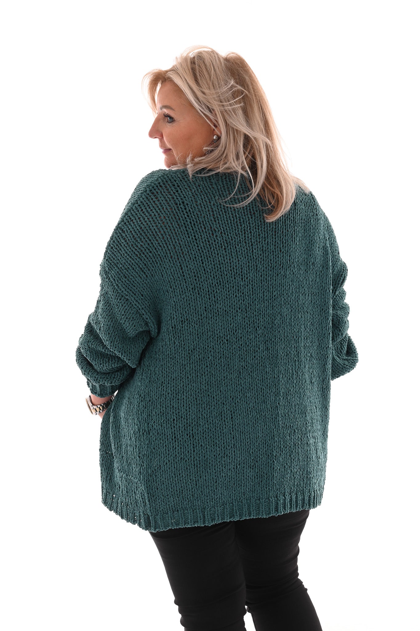 Kort grof gebreid vest pofmouwen turquoise