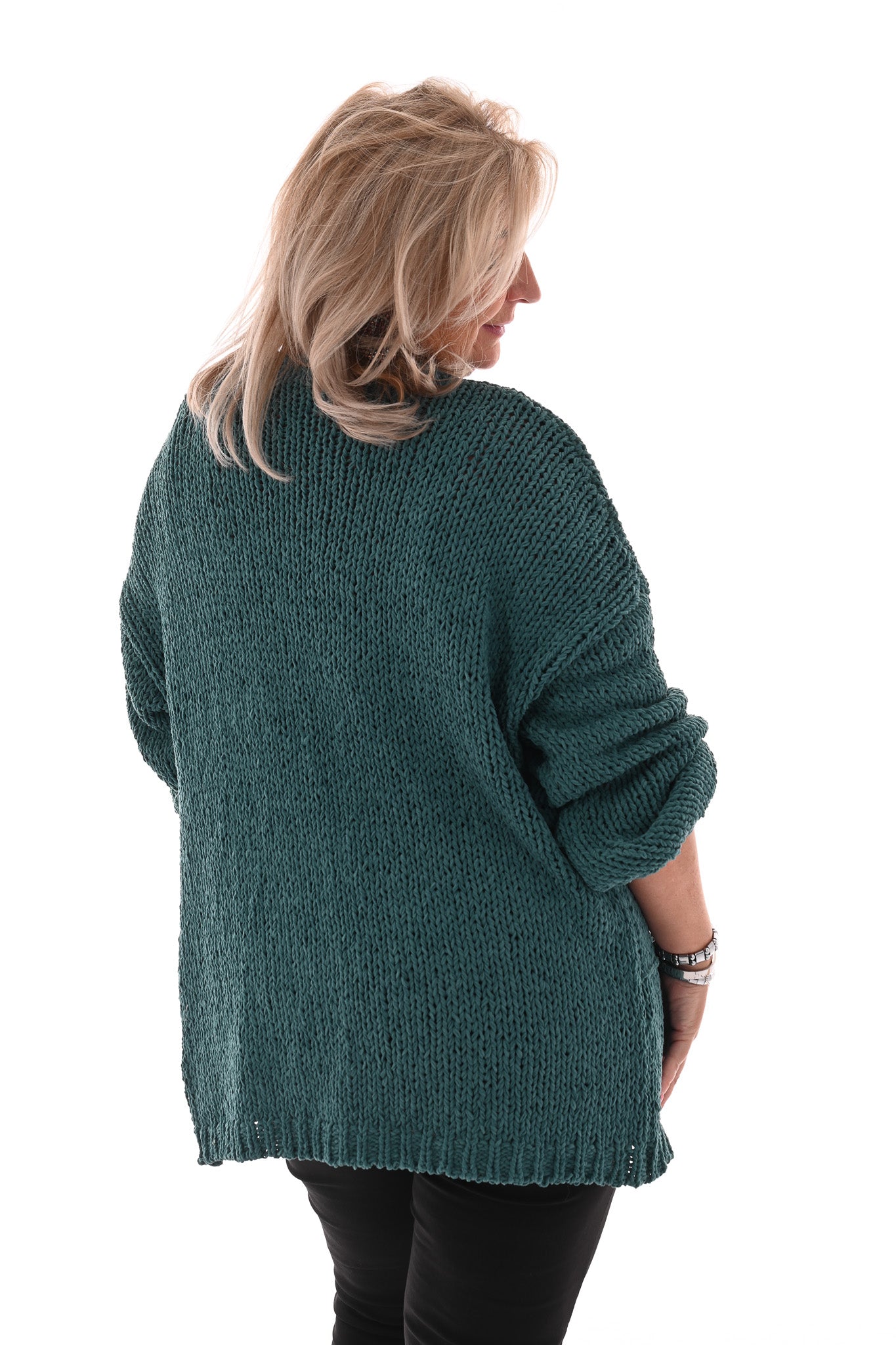 Kort grof gebreid vest pofmouwen turquoise