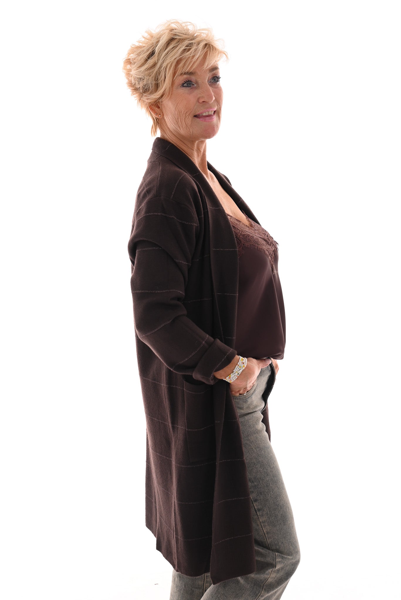 Half lang vest met streep glitter donkerbruin