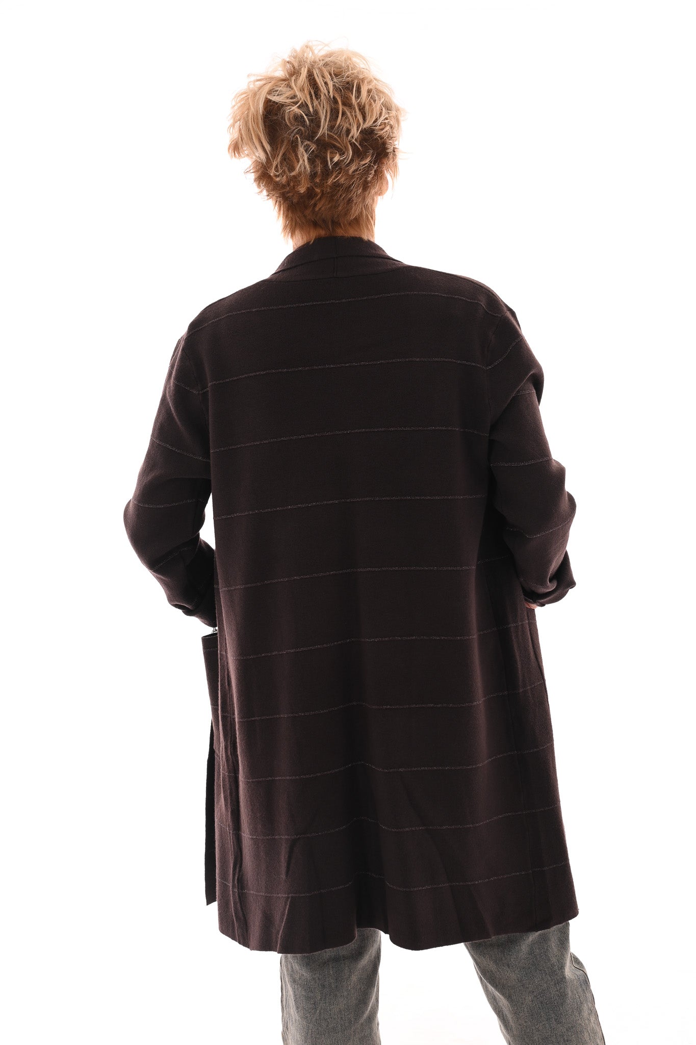 Half lang vest met streep glitter donkerbruin