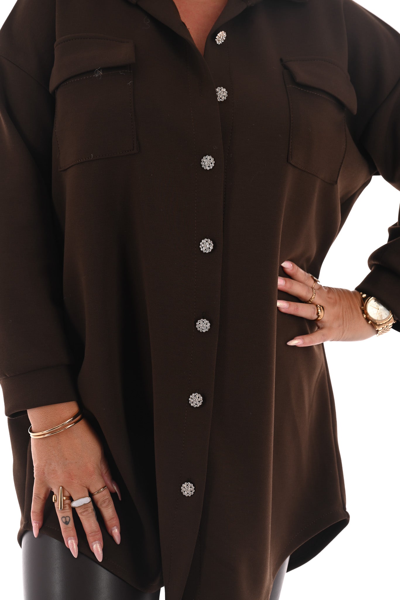 Half lange doorknoop blouse uni bruin