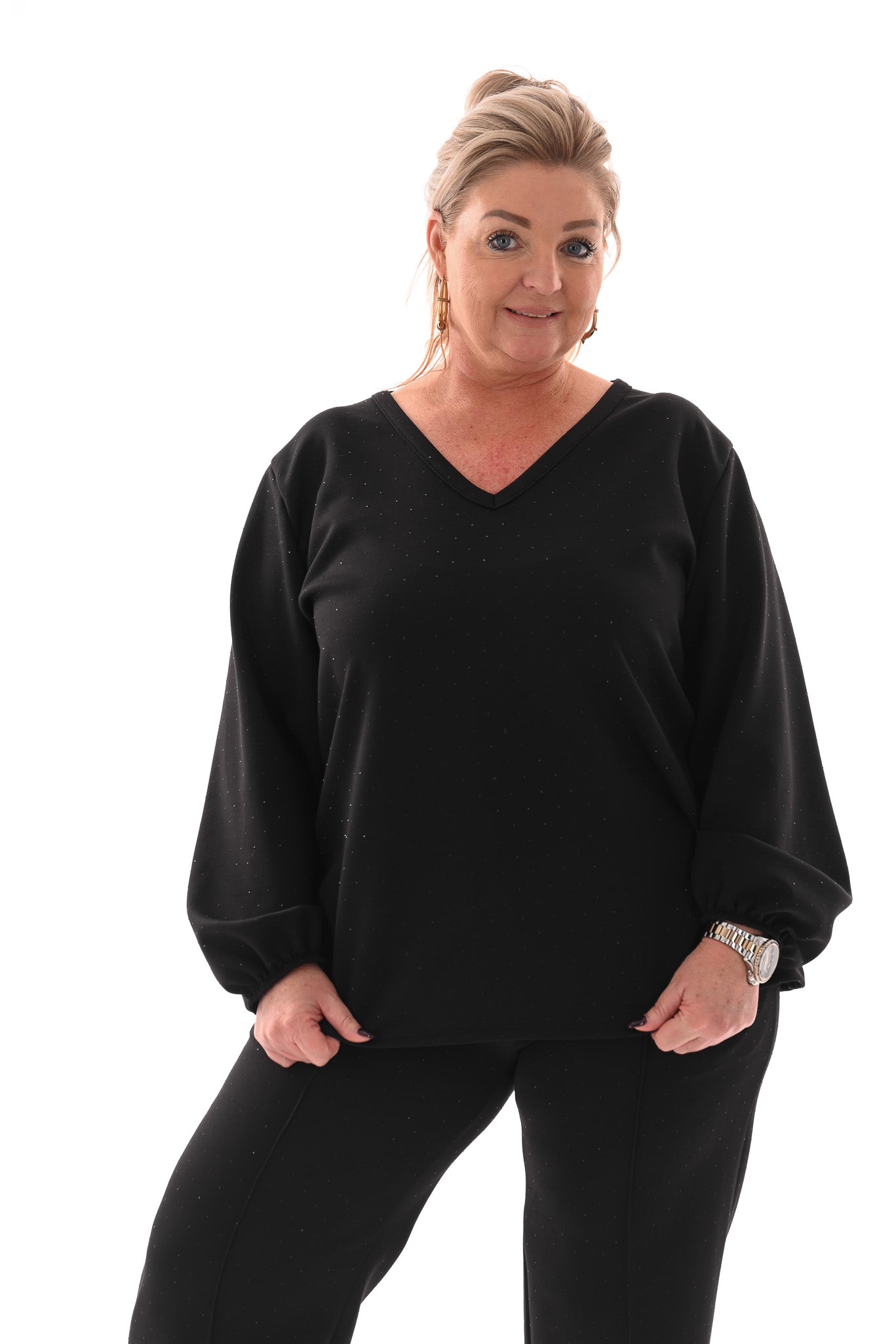 Tweedelig pak v-hals met strass zwart