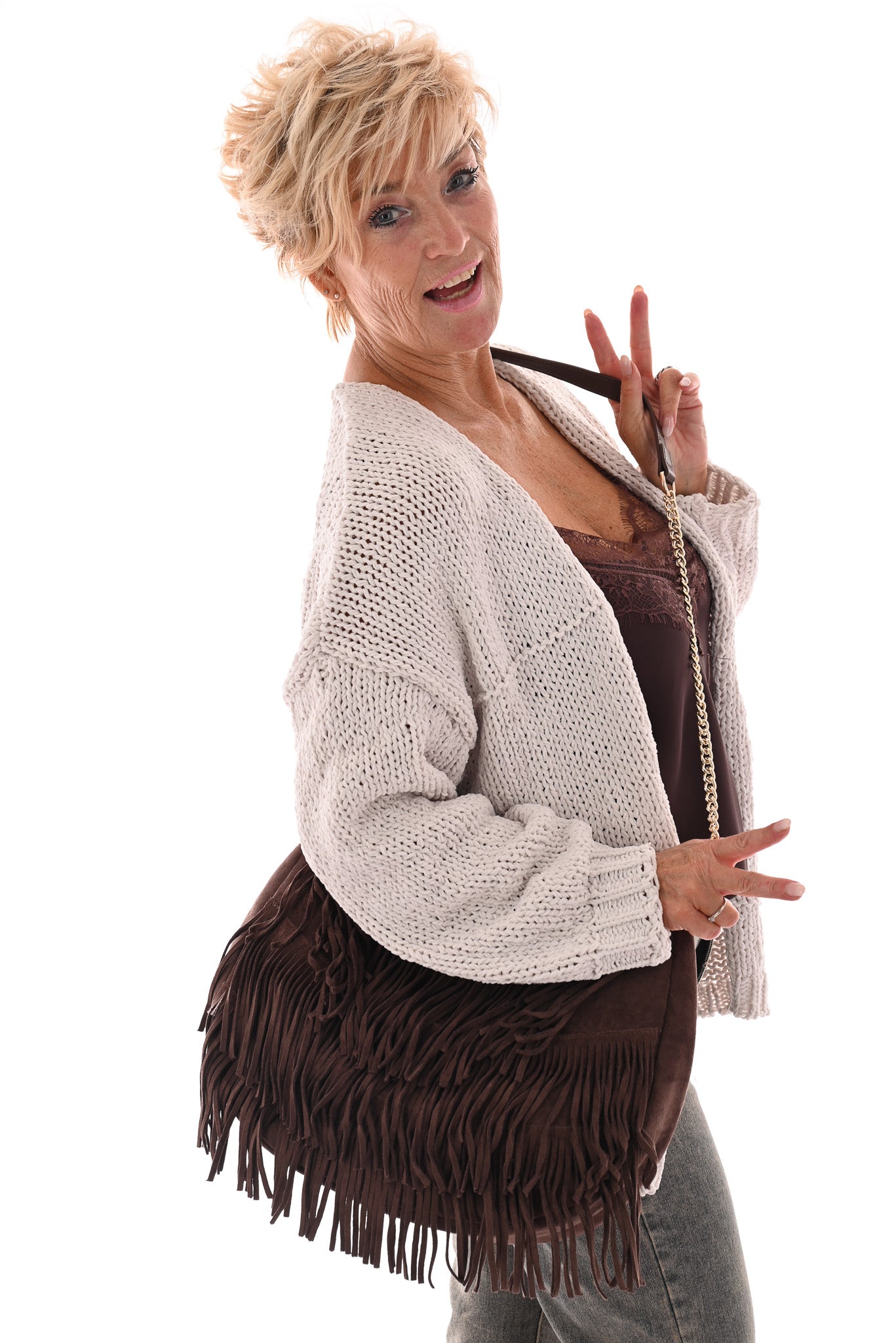 Kort grof gebreid vest pofmouwen wit