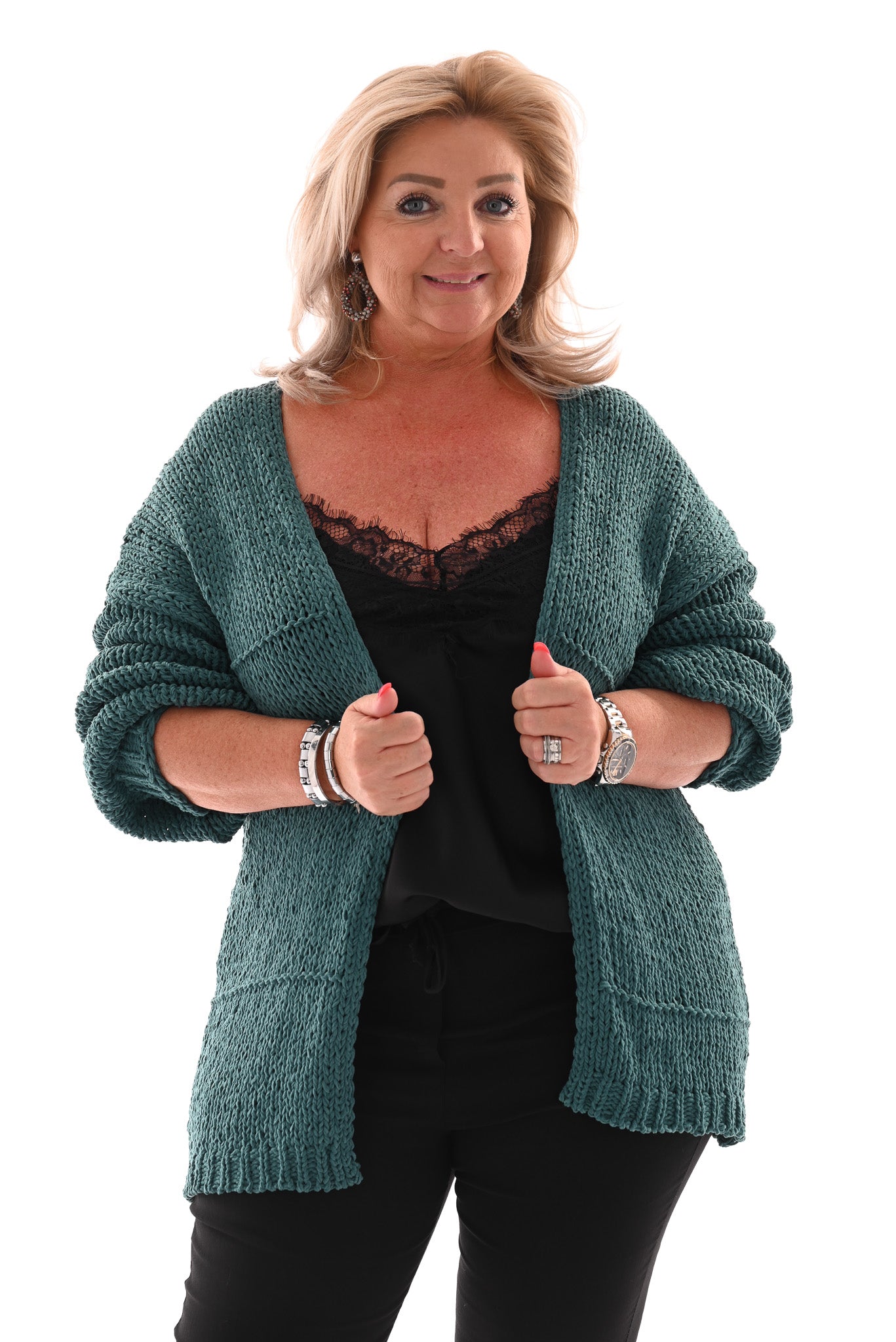 Kort grof gebreid vest pofmouwen turquoise