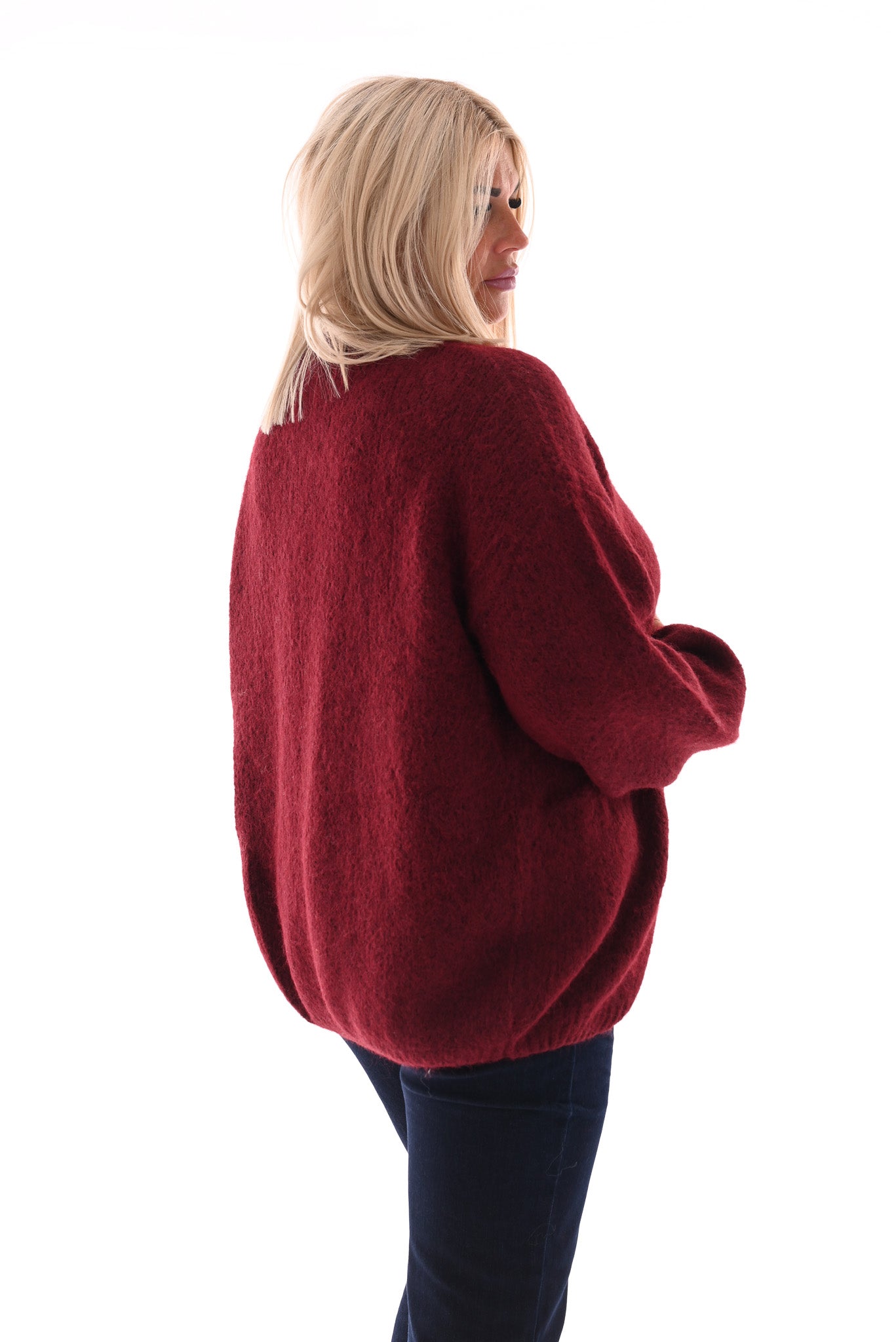 Kort fijn gebreid vest broche hartje bordeaux