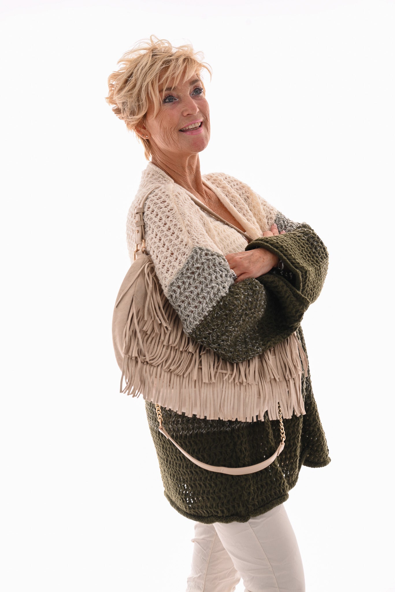 Grof gebreid vest met kleur overloop wit/groen