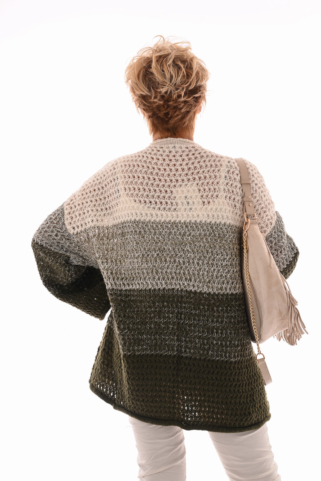 Grof gebreid vest met kleur overloop wit/groen