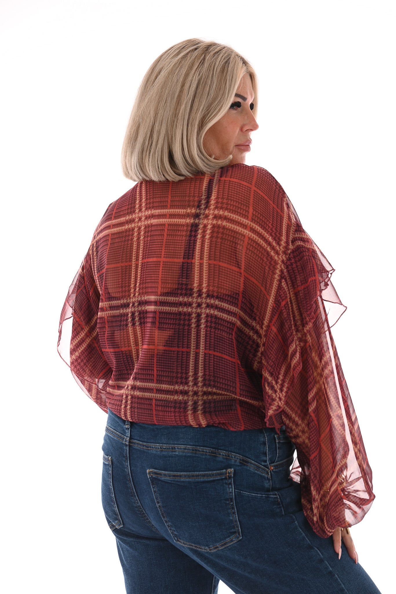 Doorknoop blouse ruitprint roezels aubergine