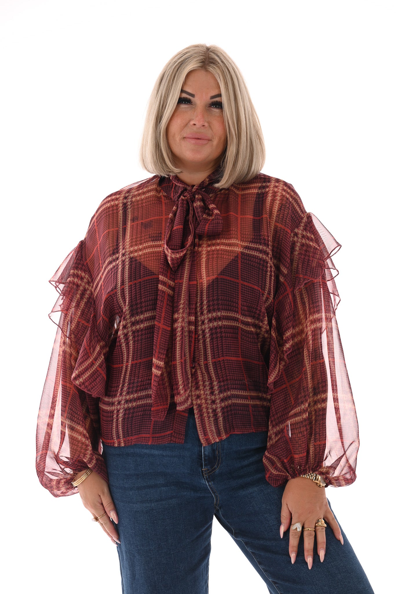Doorknoop blouse ruitprint roezels aubergine