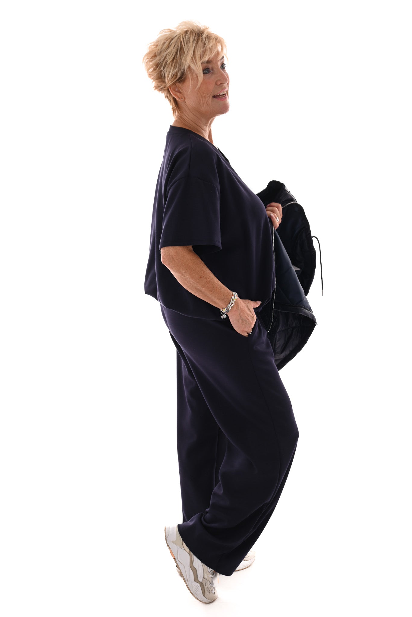 Tweedelig jogging set v-hals met boord uni marineblauw