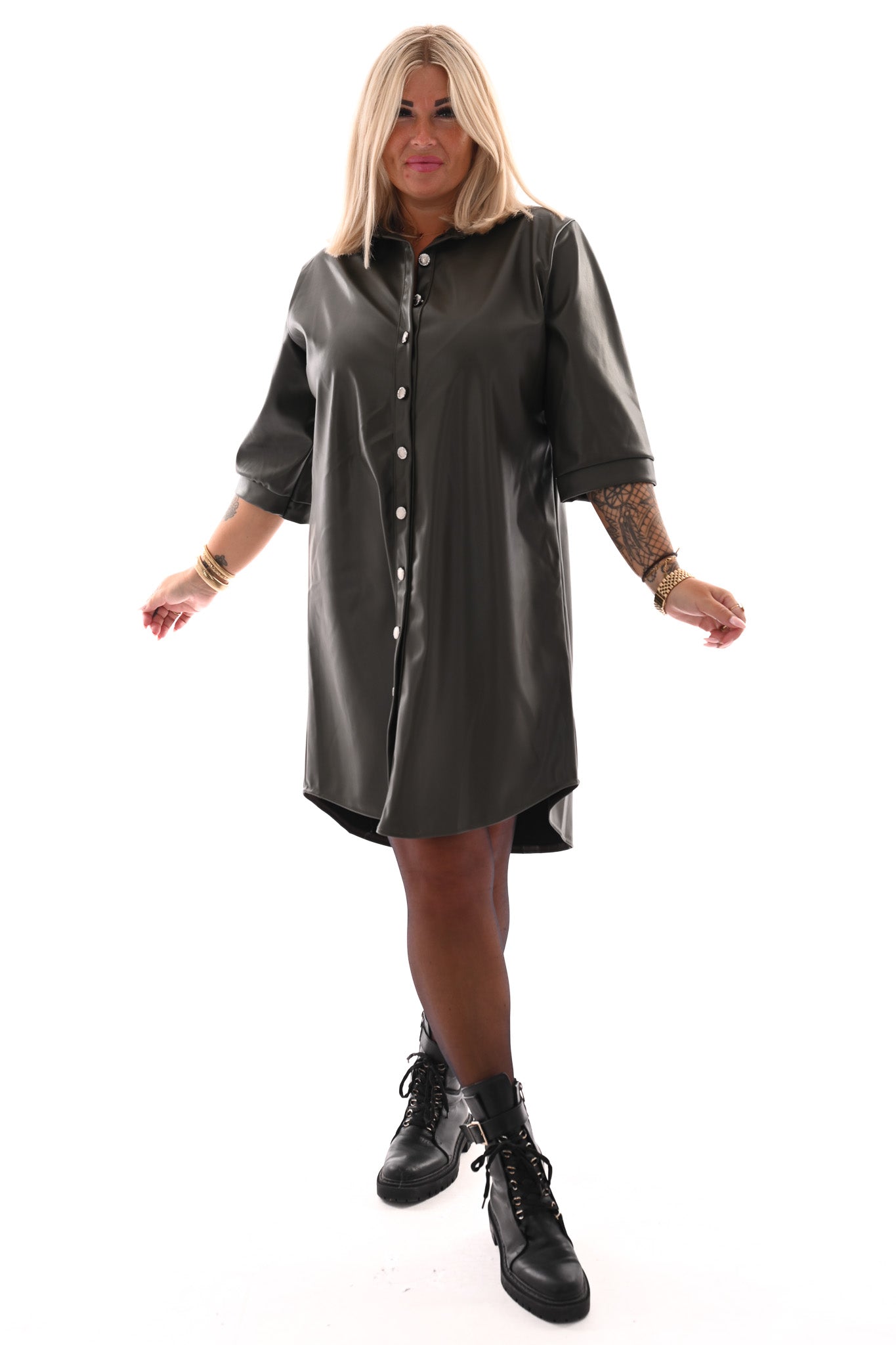 Leatherlook doorknoop jurk olijfgroen