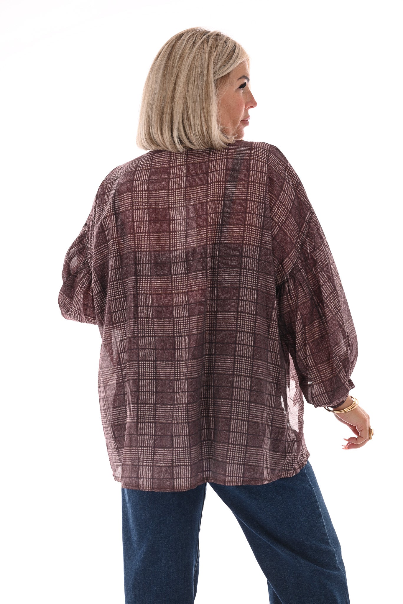 Doorknoop blouse ruit aubergine