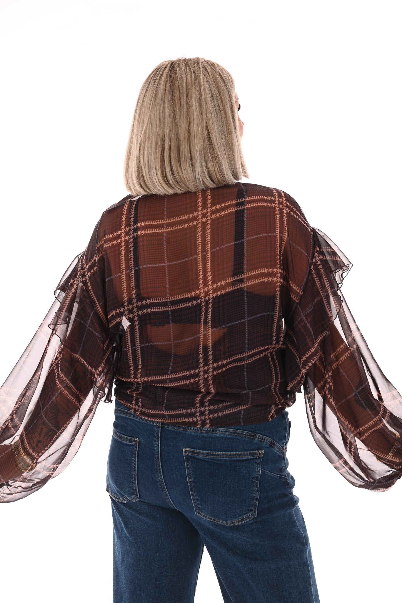 Doorknoop blouse ruitprint roezels donkerbruin