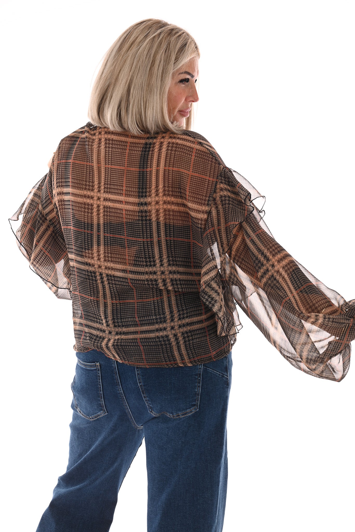 Doorknoop blouse ruitprint roezels camel