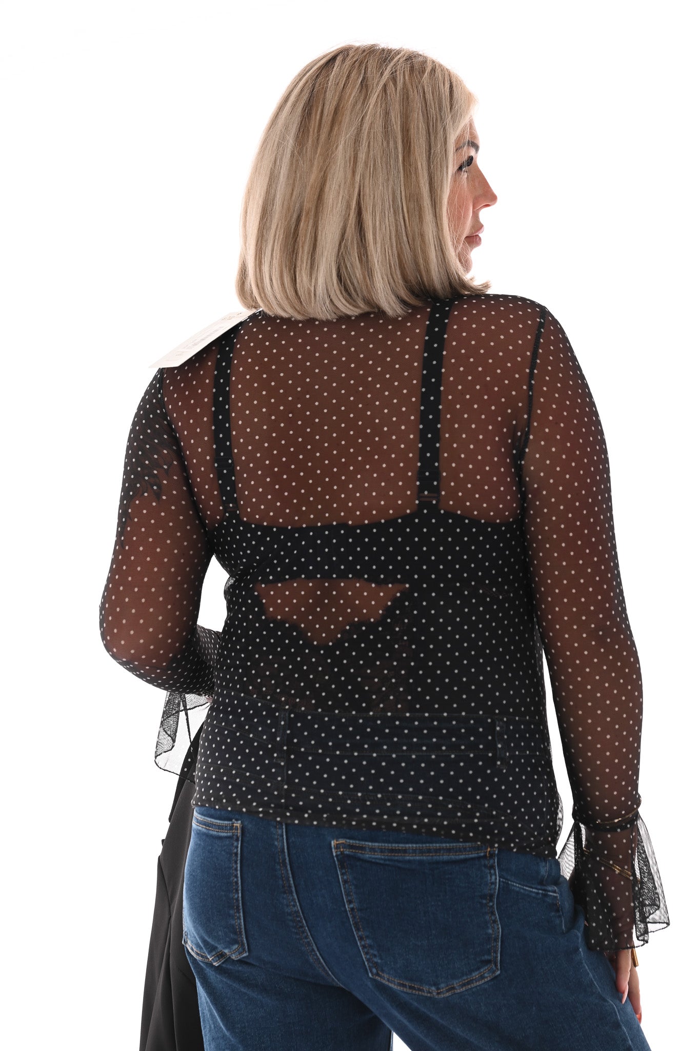 Top kleine dots trompetmouwen zwart