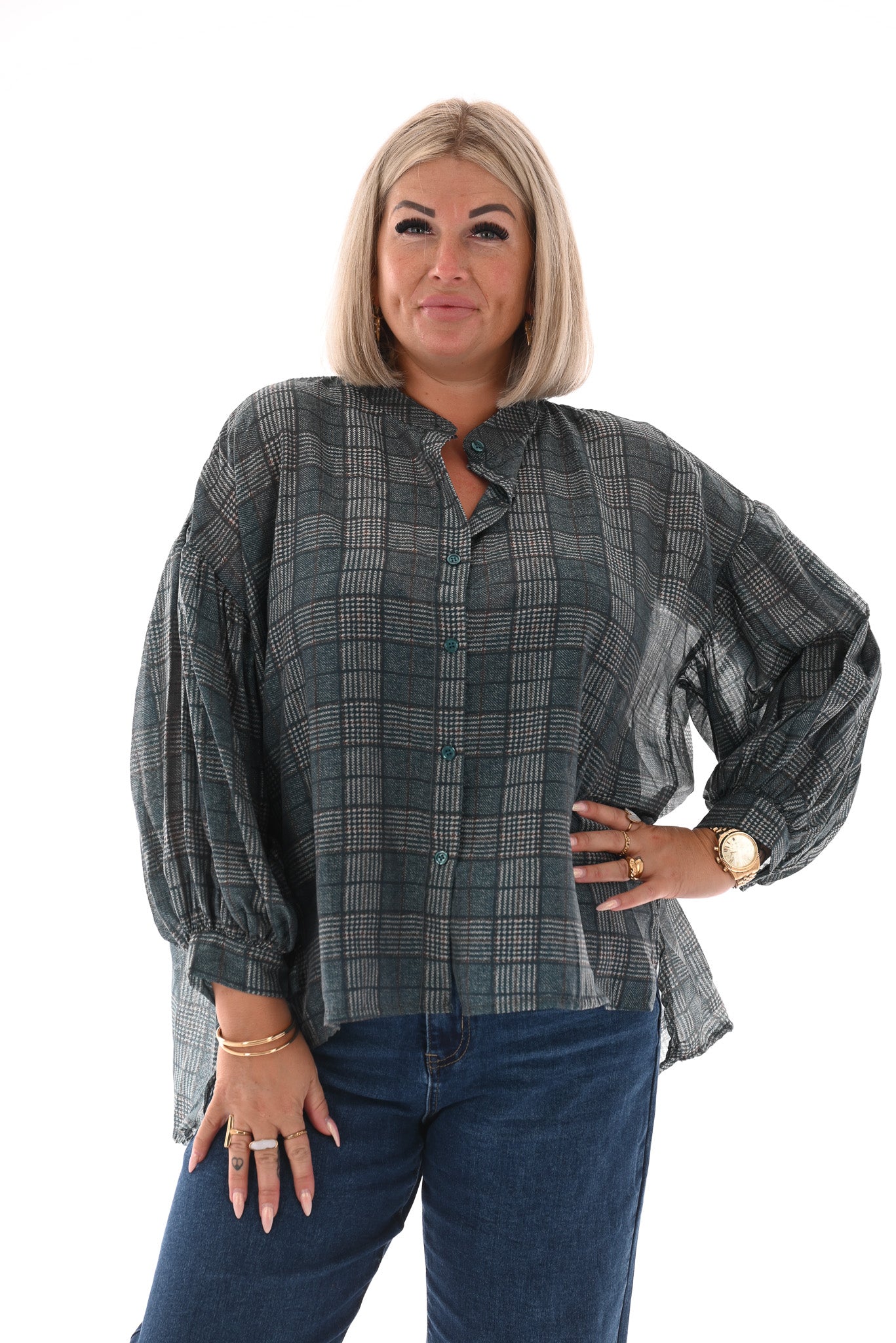 Doorknoop blouse ruit petrol