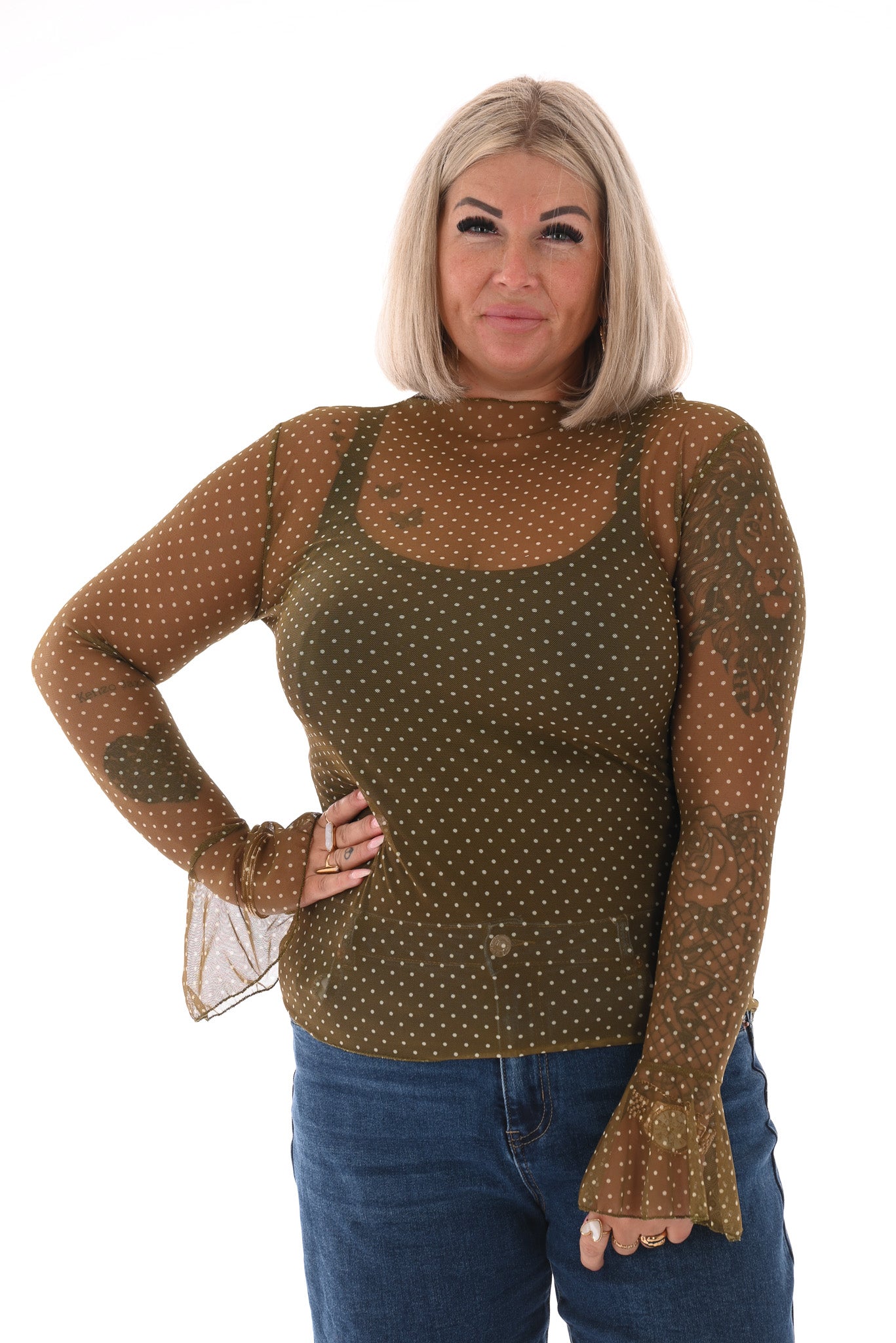 Top kleine dots trompetmouwen groen