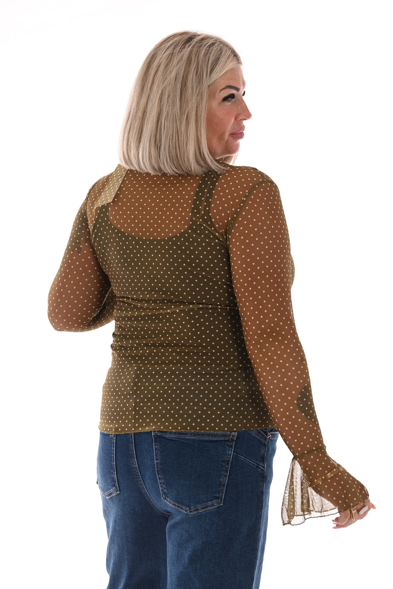 Top kleine dots trompetmouwen groen