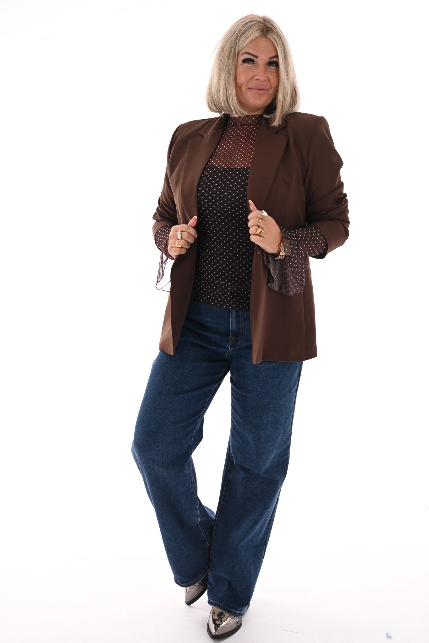 Top kleine dots trompetmouwen bruin