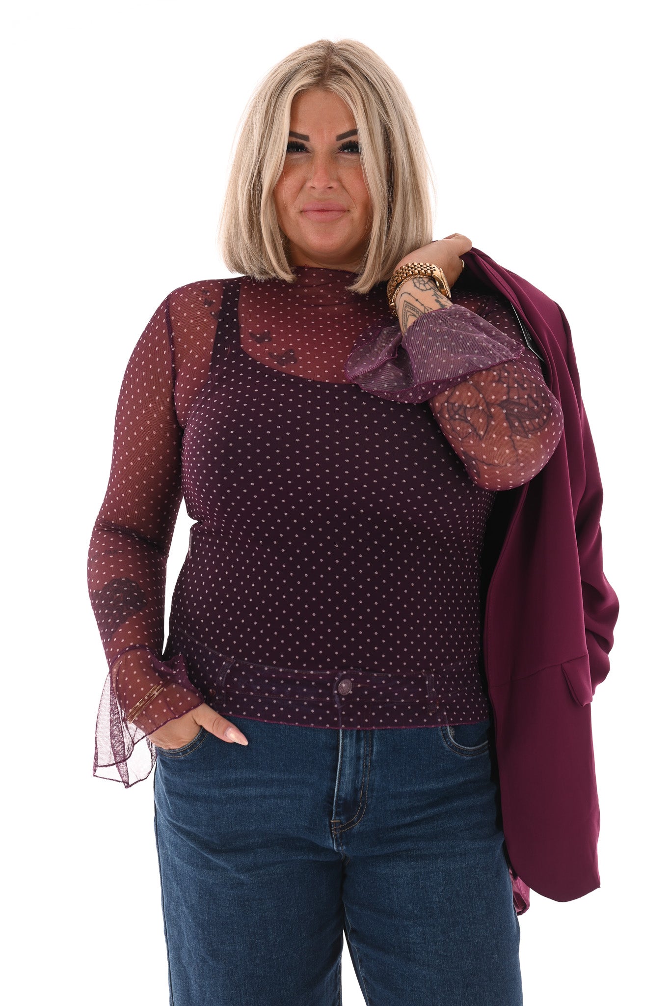 Top kleine dots trompetmouwen paars