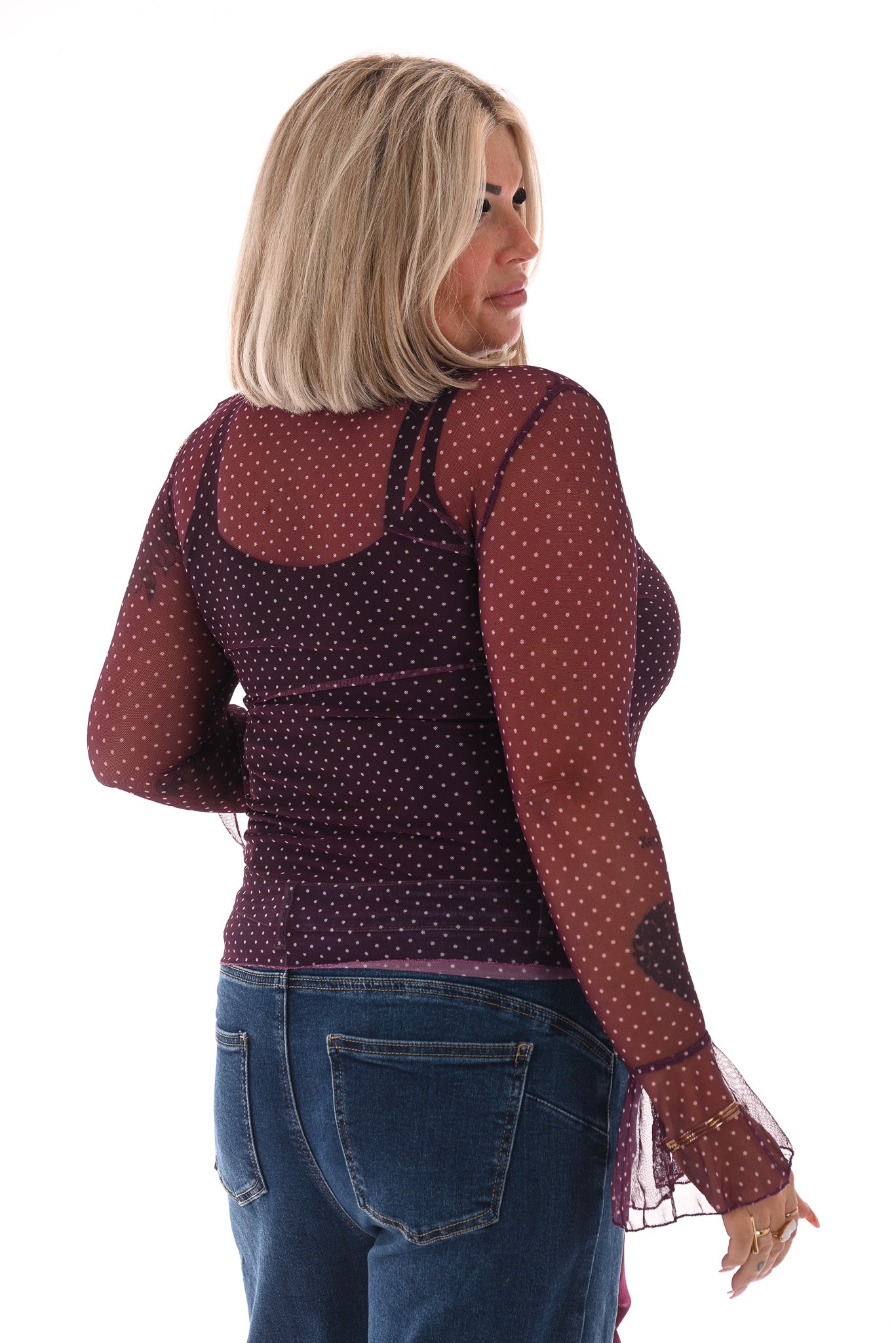 Top kleine dots trompetmouwen paars