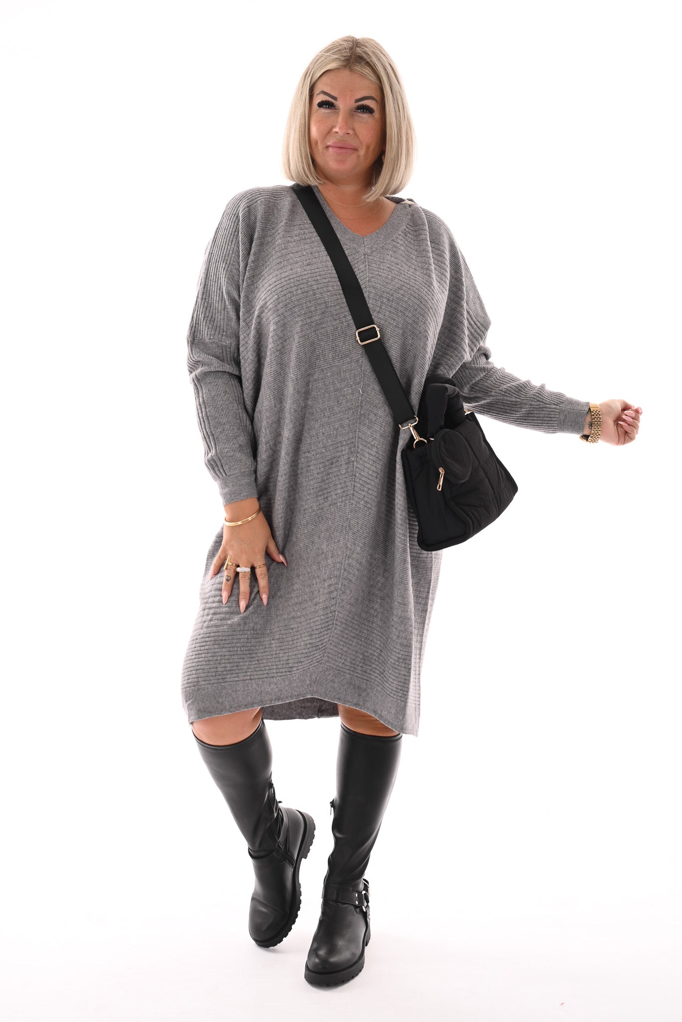 Jurk lijnen v-hals grijs