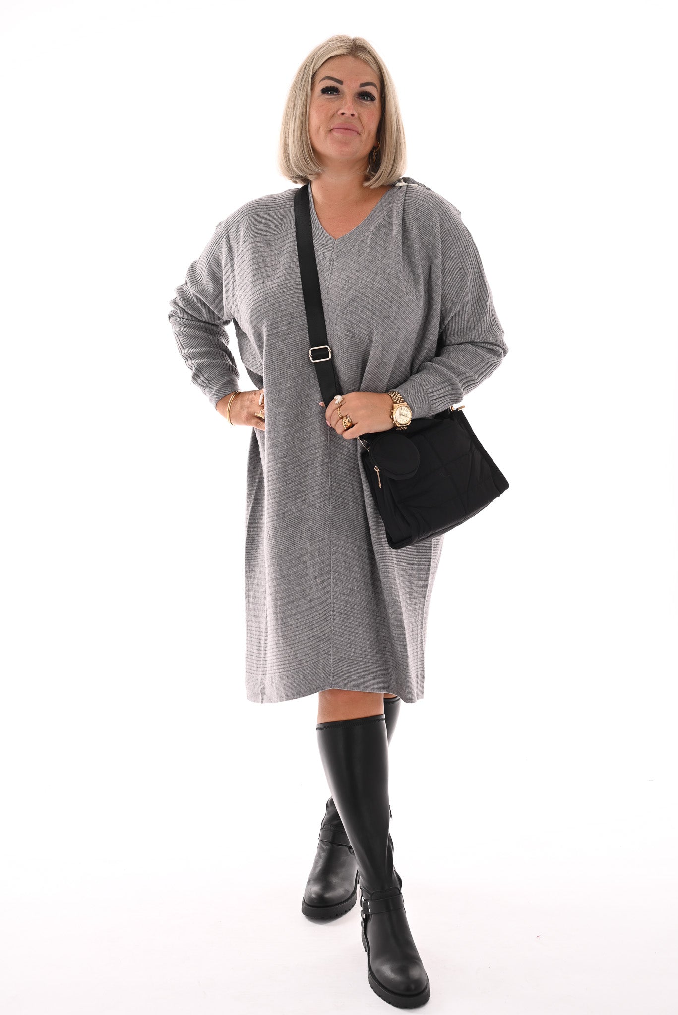 Jurk lijnen v-hals grijs