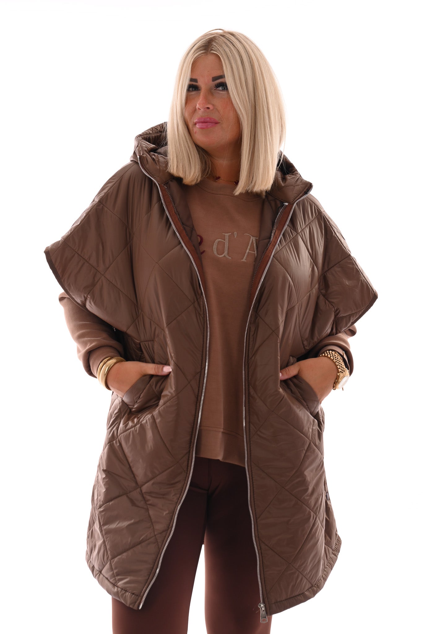 Lange bodywarmer met capuchon bruin