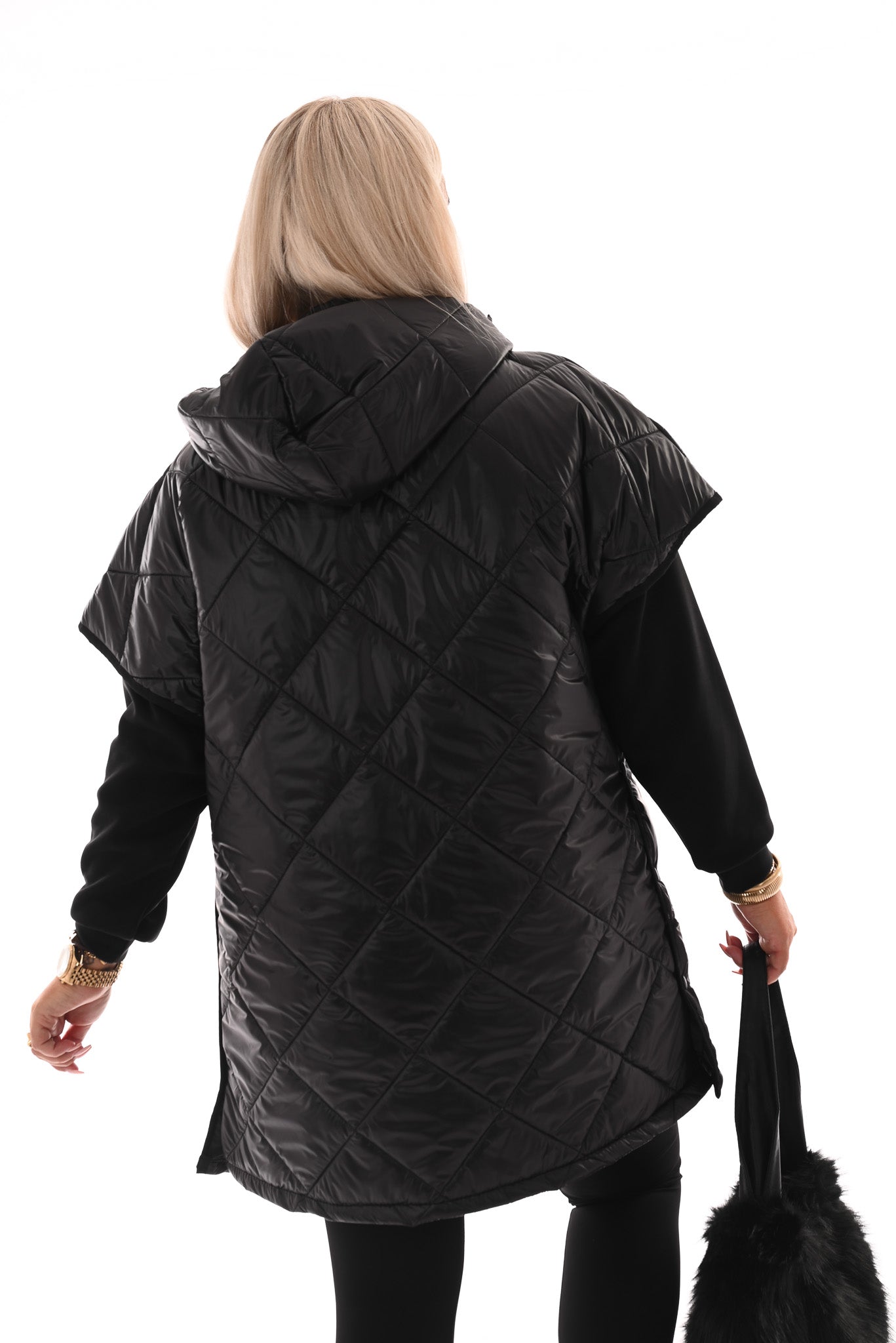 Lange bodywarmer met capuchon zwart