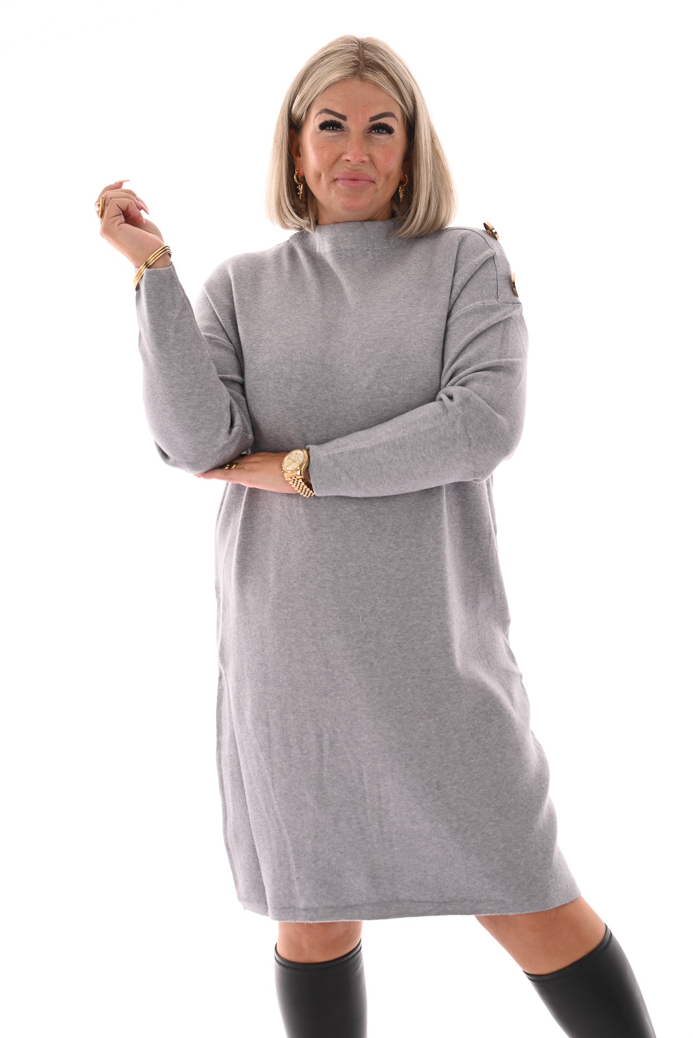 Jurk grote gouden knopen grijs