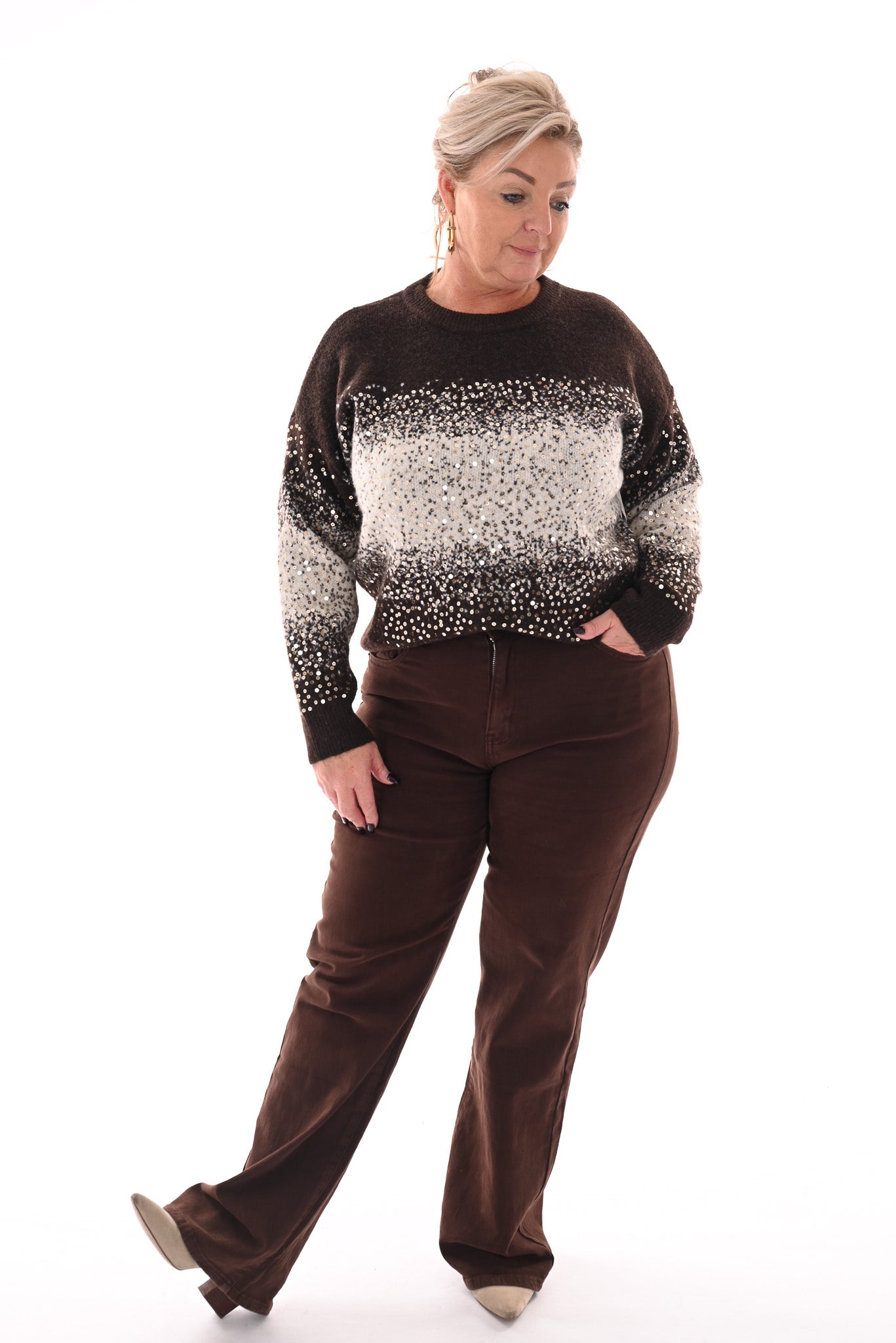 Trui overloop paillet donkerbruin