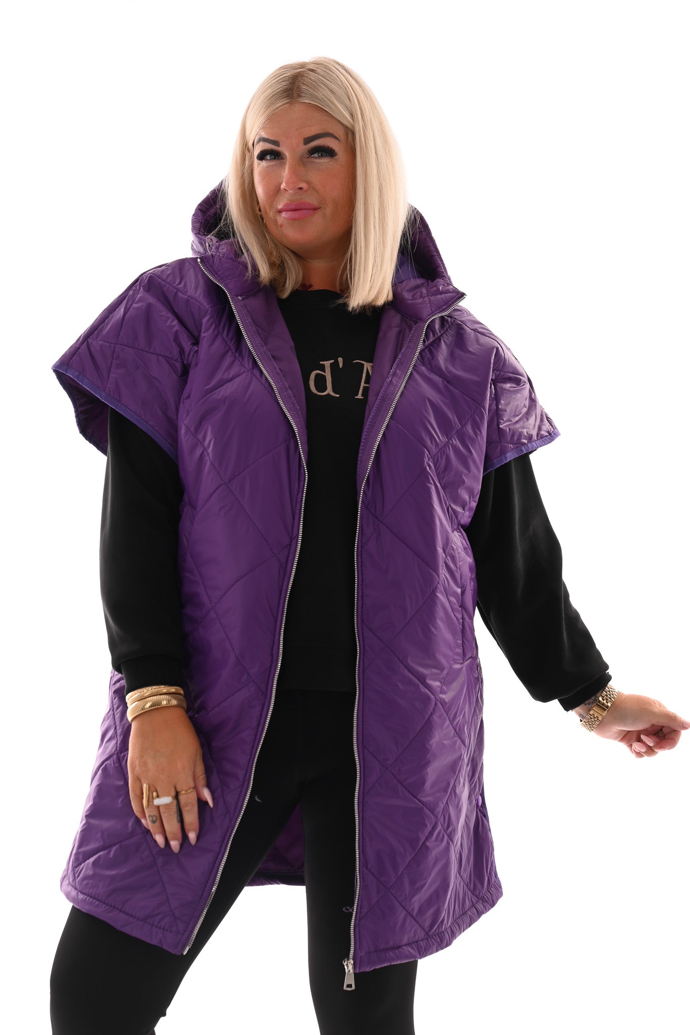 Lange bodywarmer met capuchon paars