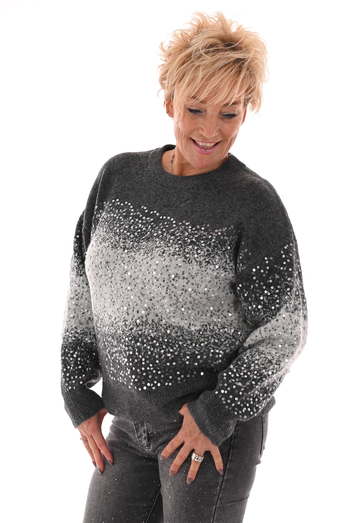 Trui overloop paillet grijs